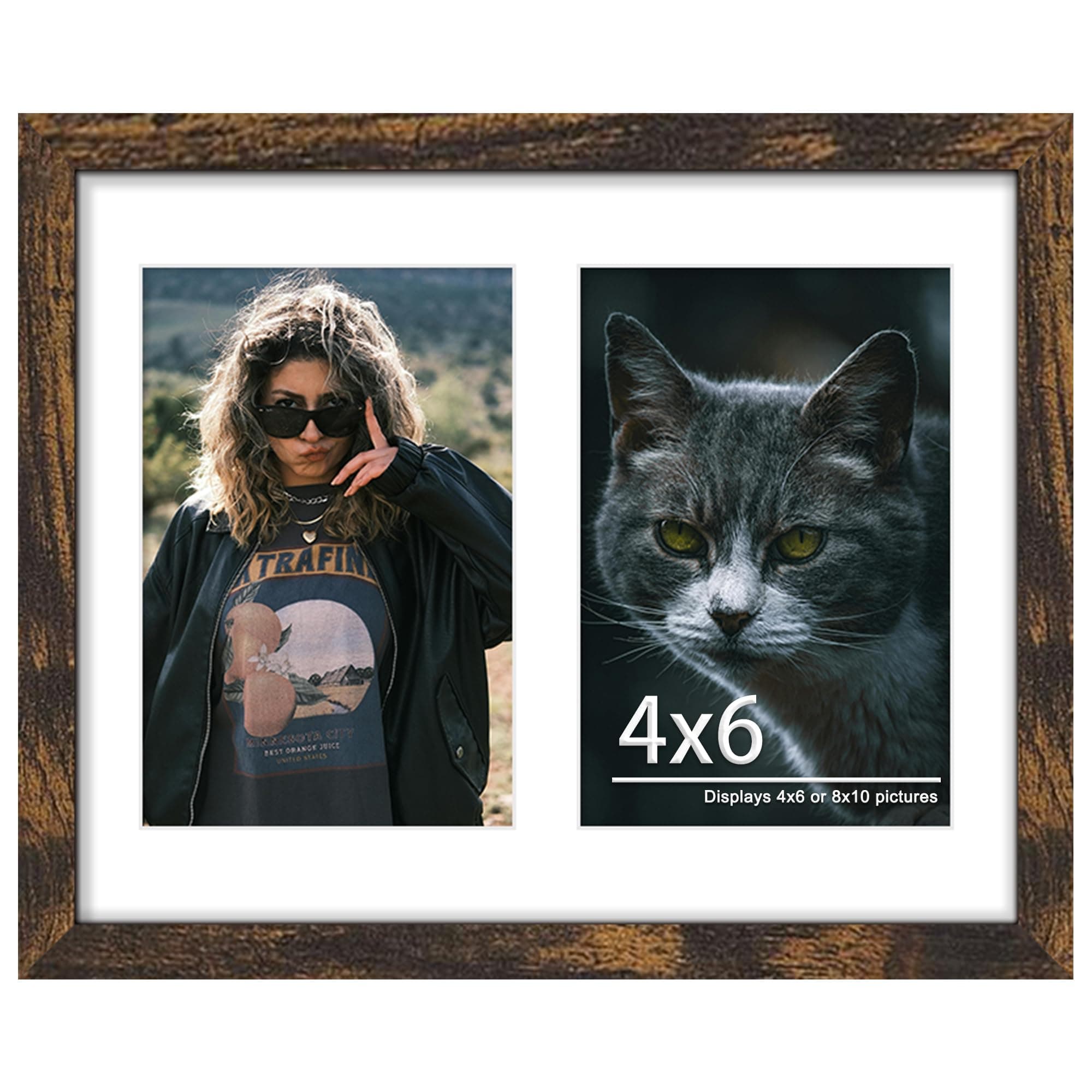 8x10 Double Picture Frame For Displaying Double 4x6 Picture Frame for Wall Mounting or Tabletop, Brown.