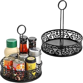 2 Pack Condiment Caddy, Restaurant Table Caddy with Menu Number Card Holder, Metal Black Decorative Carved Tabletop Seasoning Organizer for Grill Outdoors, Kitchen Cabinet, Camping