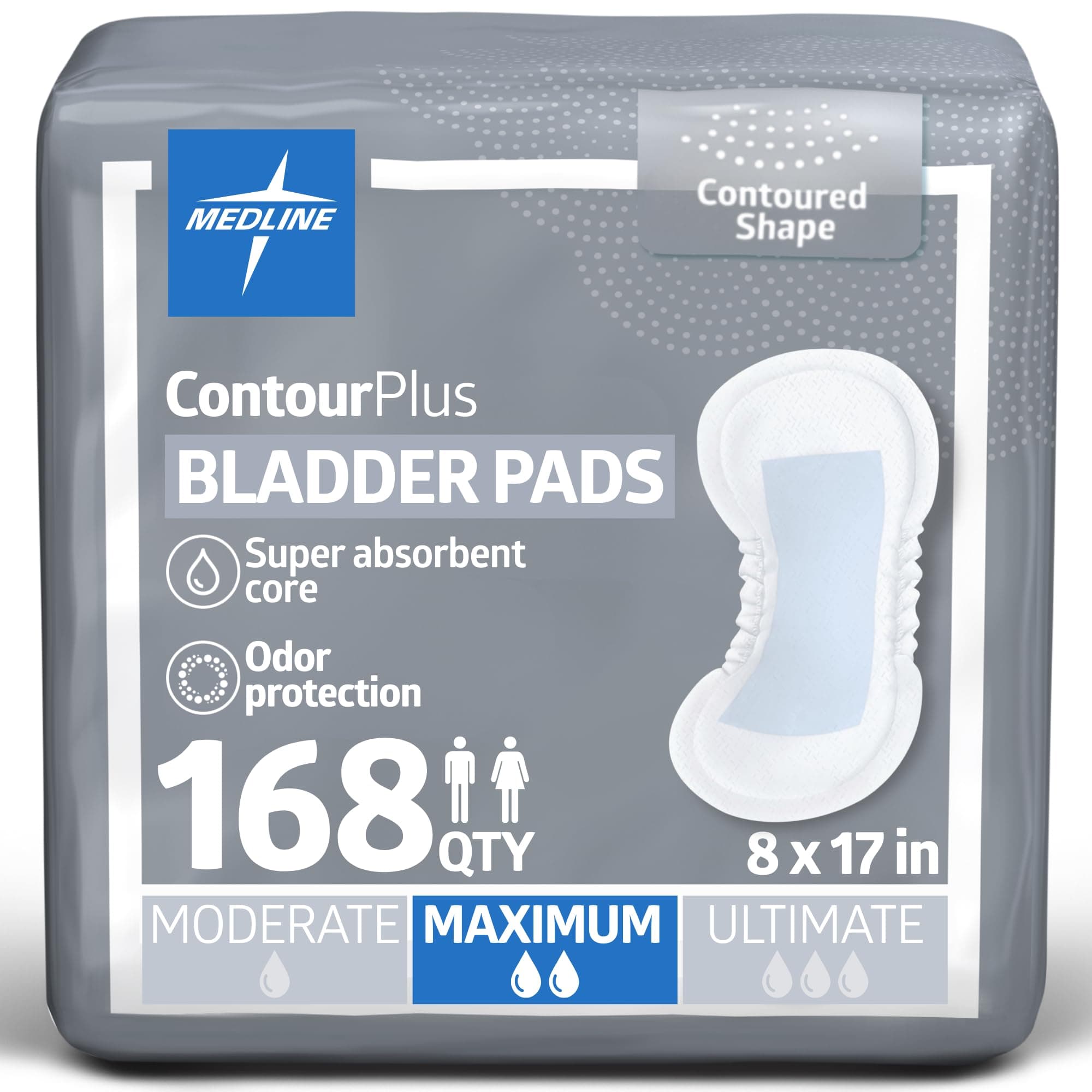 ContourPlus Bladder Control Incontinence Pads, Maximum Absorbency, 6.5" x 13.5", 28 Count (Pack of 6)