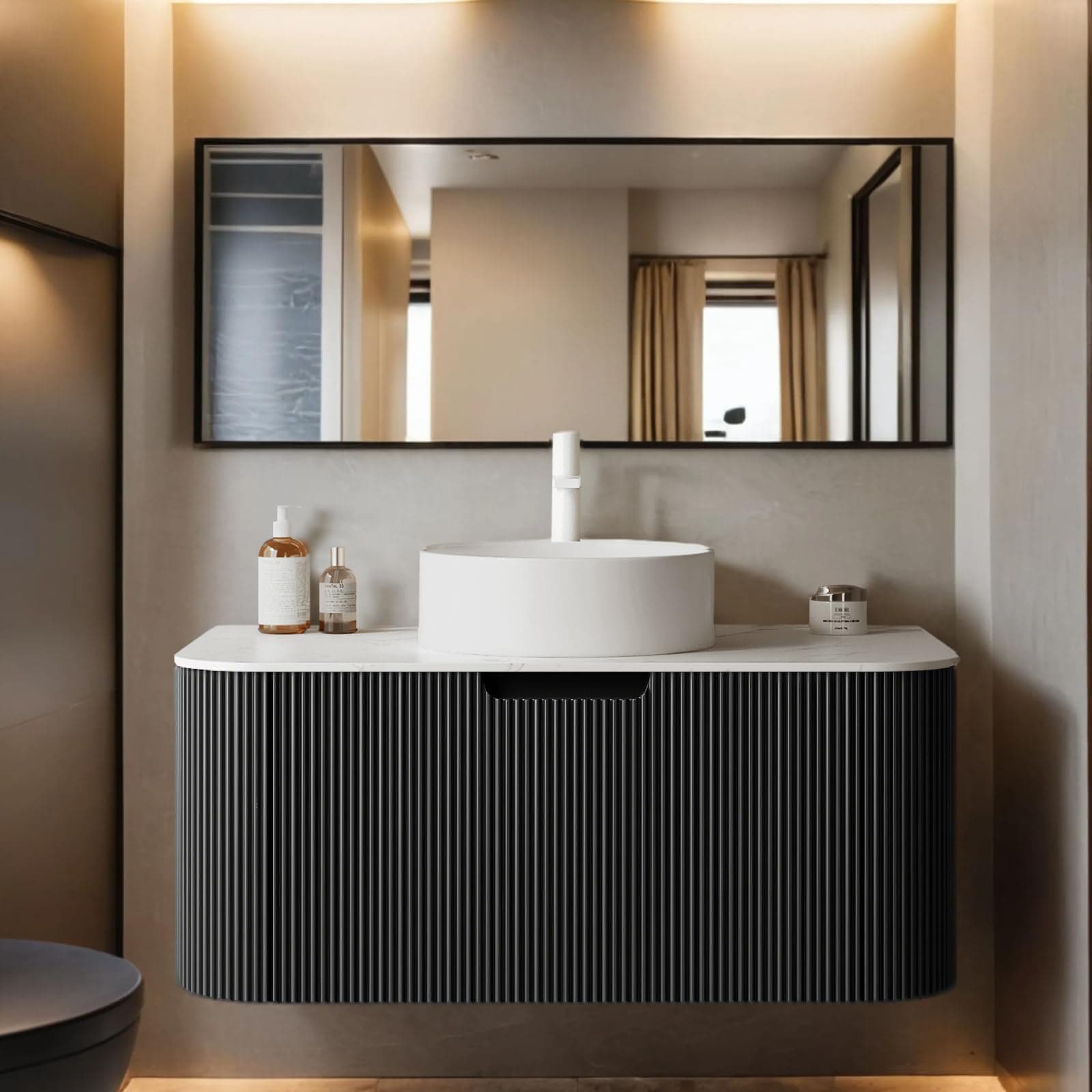 36 inch Floating Bathroom Vanity with Sink, Natural Solid Wood Modern Bathroom Vanities with Ultra-Thin Ceramic Basin and Marble Top, Soft-Close Design, Pre-Assembled, Gloss Black