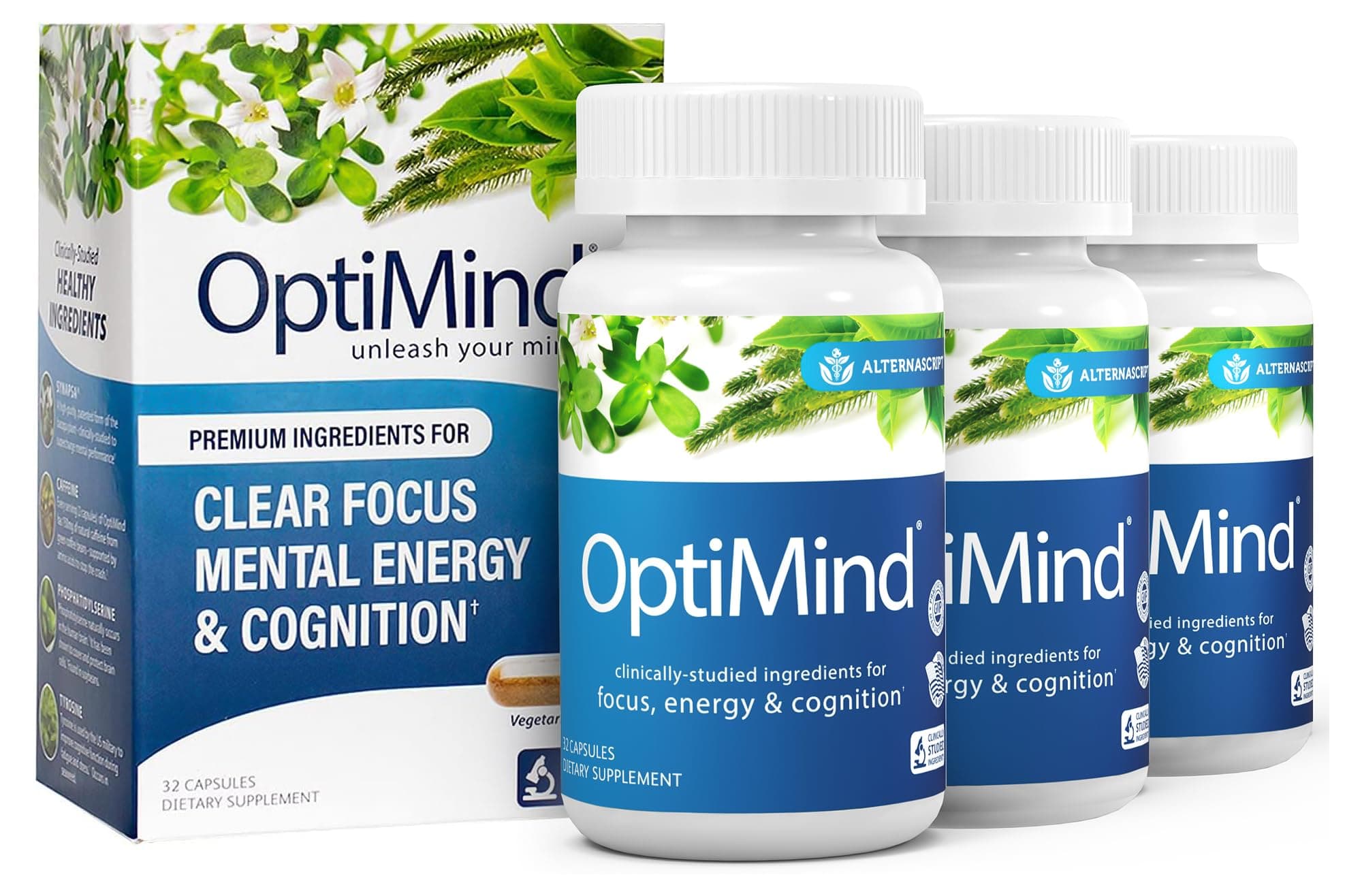 Optimind Brain Supplement for Memory and Focus, Nootropic with Synapsa®, Phosphatidylserine, Vitamin B1 B12, Non-GMO, Mental Clarity, Cognitive Support, Clinically Studied Ingredients, 96 Capsules
