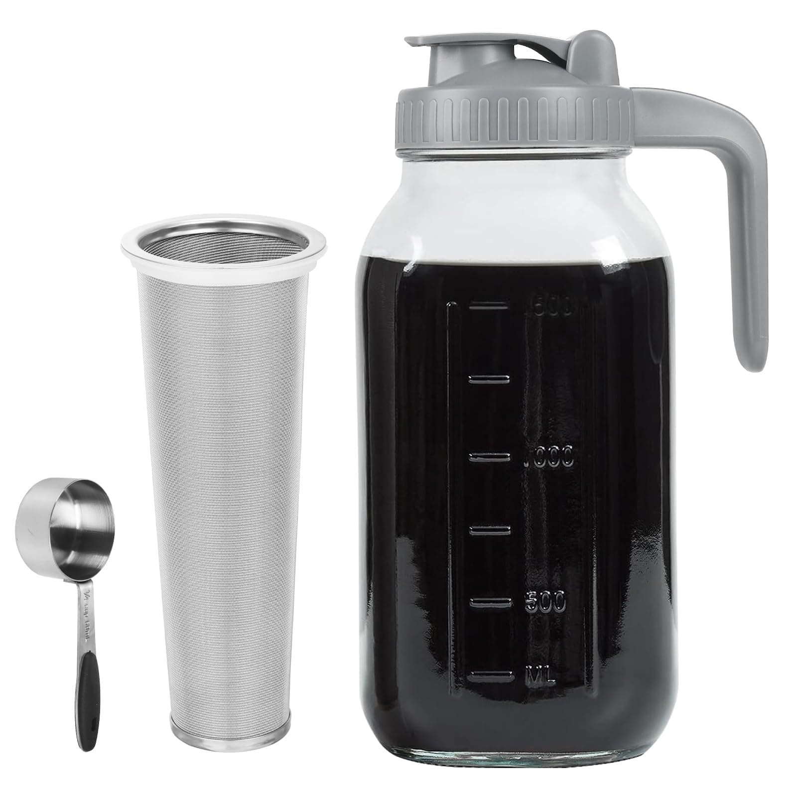 Cold Brew Coffee Maker Pitcher, 64 OZ Heavy Duty Glass Wide Mouth Mason Jar Pour Spout Airtight Lid with Stainless Steel Infuser Filter for Iced Coffee, Ice Tea, Brewed Making