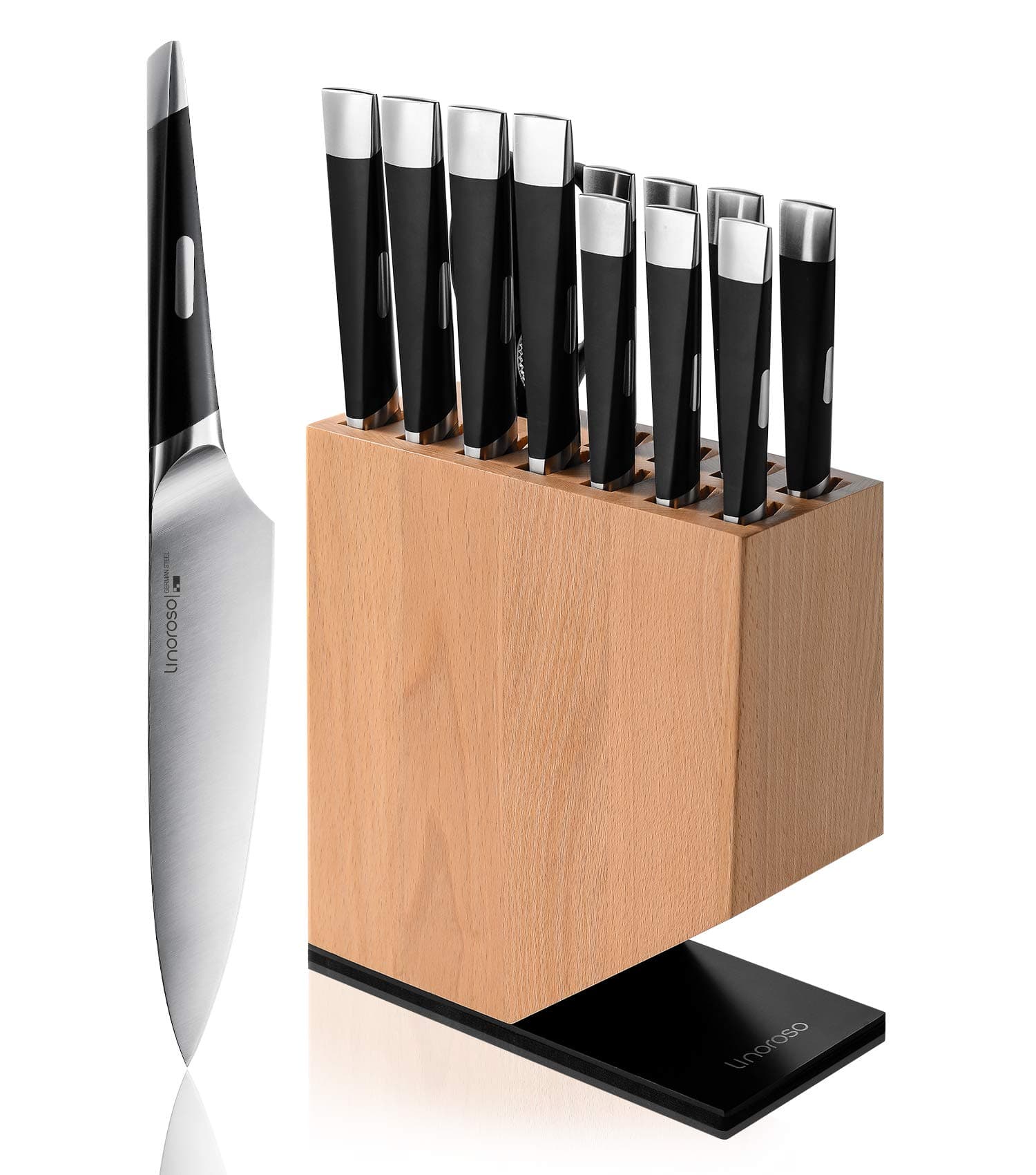 Knife Set, 13-Piece Kitchen Knife Set with Block Sharp Chef Knife Set, German High Carbon Stainless Steel Knife Block Set with Beech Block with Black Oxide Stainless Steel Base