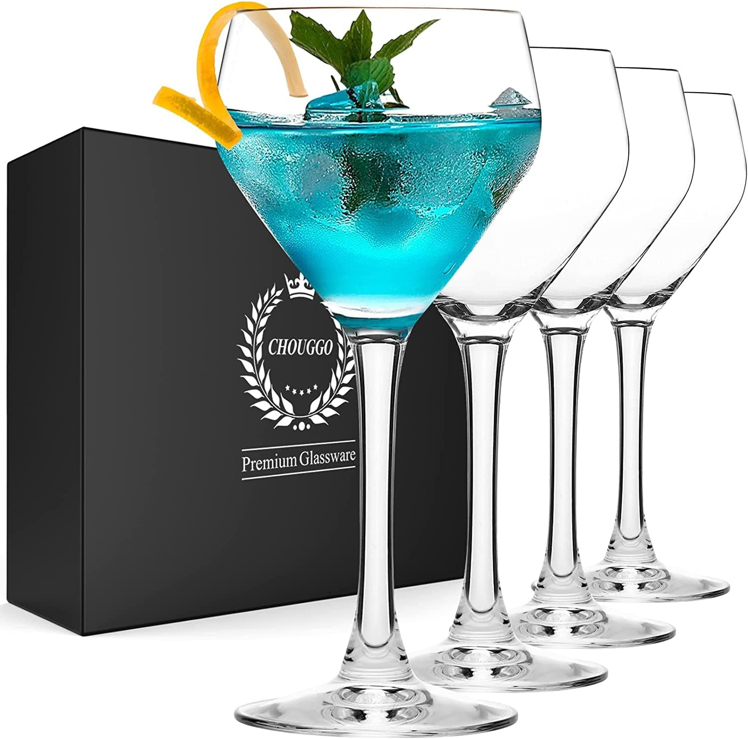 Chouggo Nick & Nora Glasses Cocktail Glasses Set of 4, Hand Blown Premium Crystal Cocktail Glass for Bar, Martini, Cosmopolitan, Manhattan, 6Oz, Clear