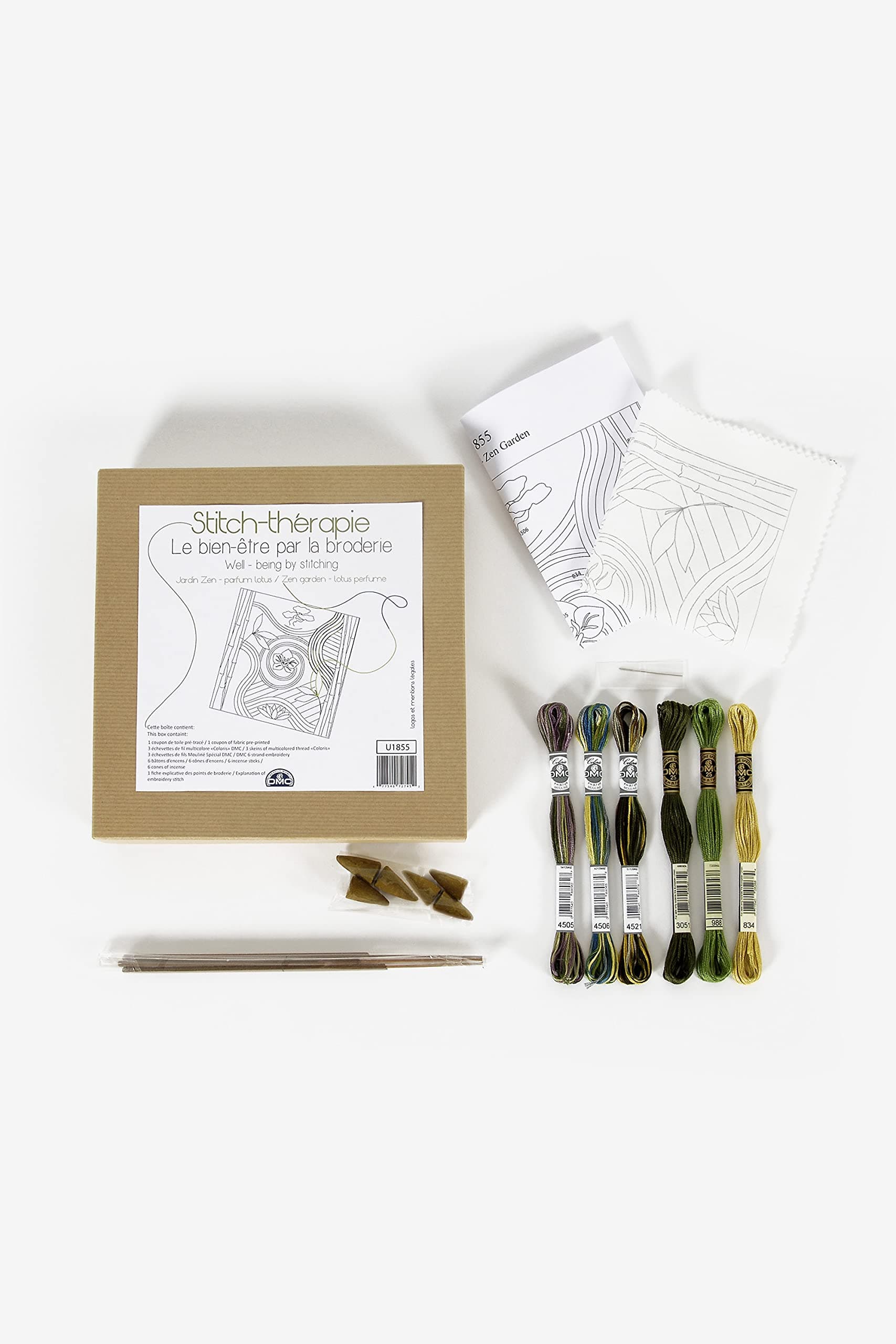 DMC Creative World Stitch Therapy Embroidery Kit - Zen Garden, Includes Cotton Fabric, 3 Skeins of Thread, 3 Skeins of Cotton, Needle, 6 Incense Sticks, 6 Lotus Fragranced Cones and Instructions
