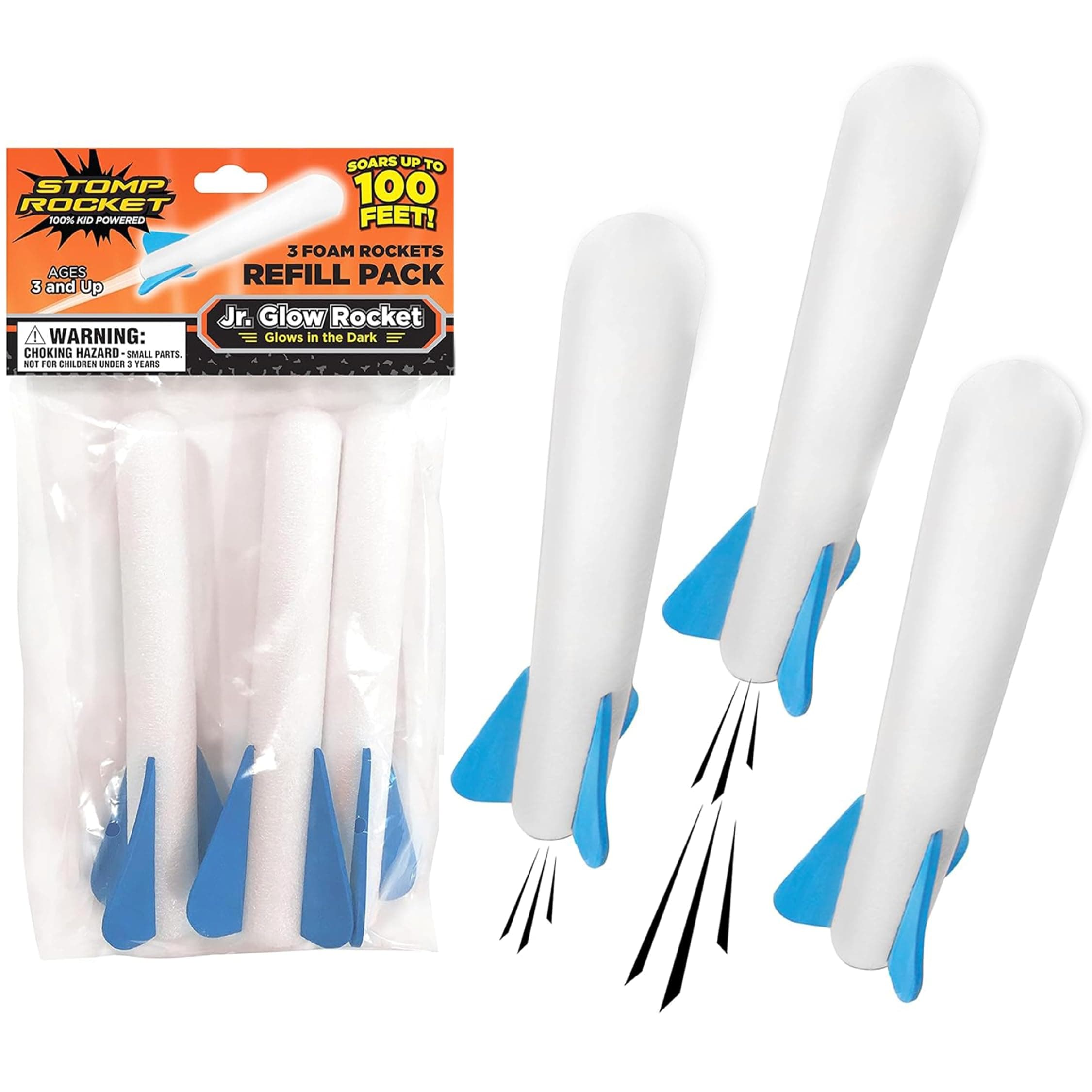 Stomp Rocket The Original Jr. Glow Rocket Refill Pack, 3 Rockets - Outdoor Rocket Toy Gift for Boys and Girls- Ages 3 Years and Up