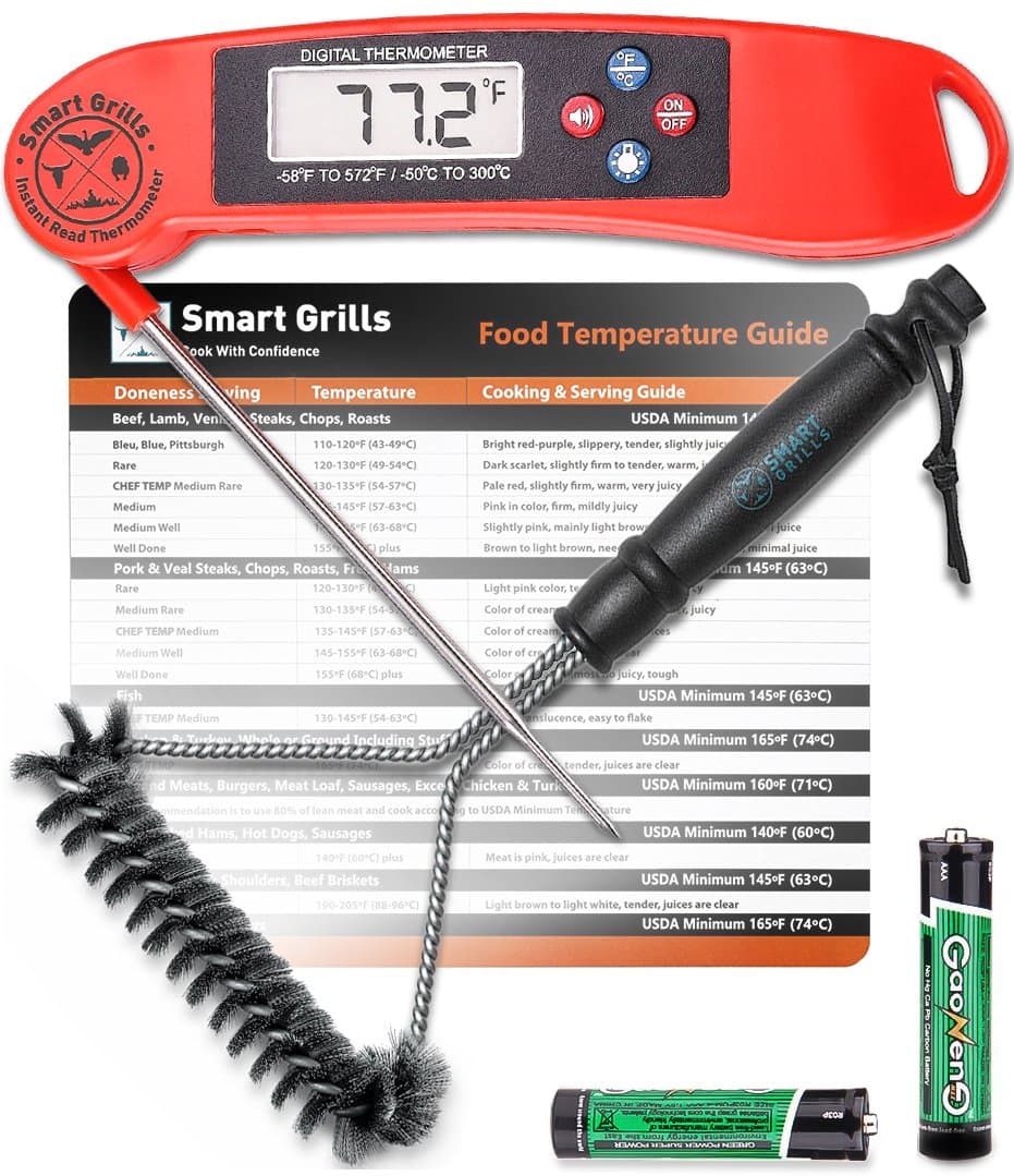 Premium BBQ Bundle By Smart Grills - 3-in-1 Barbecue Cooking Kit Gift Pack - Contains Electronic Instant Read Thermometer - Meat Temperature Magnet Guide - Stainless Steel Barbecue Brush