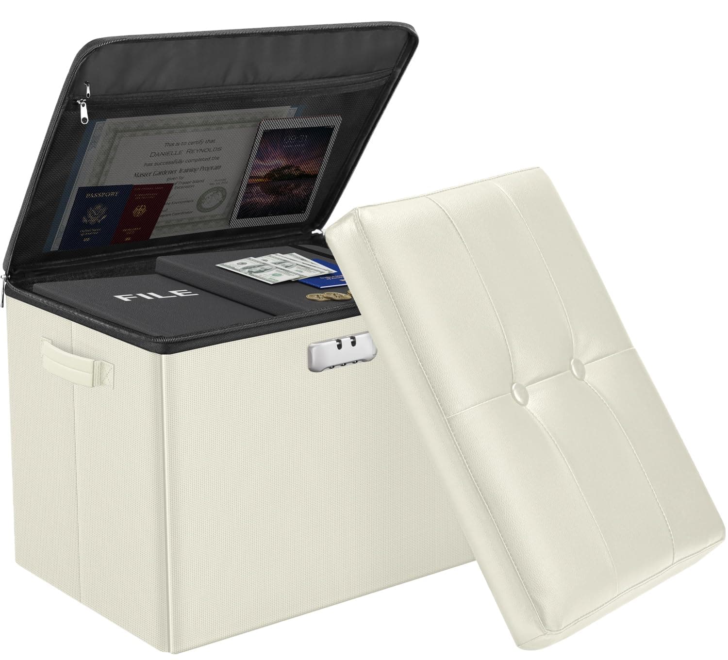 DocSafe Storage Ottoman with Lock,Fireproof＆Waterproof 17 Inches Folding Storage Box with Handles Safe for Important Documents,Leather Storage Ottoman Storage Chest for Living Room,Bedroom,Beige