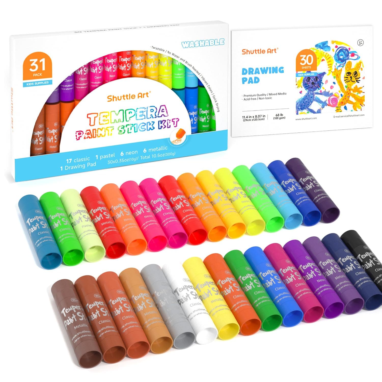 Tempera Paint Sticks, Shuttle Art 31 Pack Solid Tempera Paint Set, 30 Colors with 1 Drawing Pad for Kids, Washable, Super Quick Drying, Works Great on Paper Wood Glass Ceramic Canvas