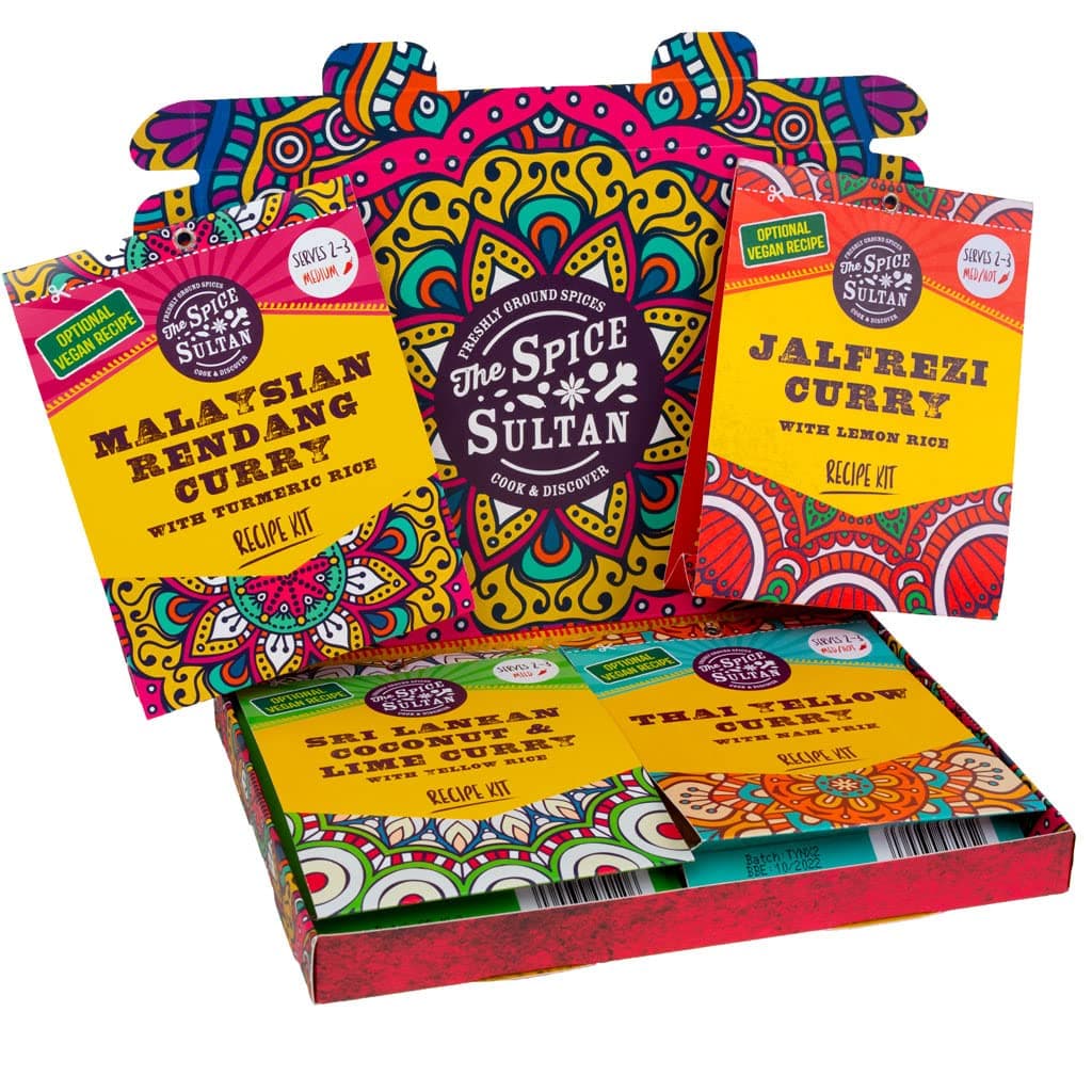 The Spice Sultan Curry Discovery Gift Set, 4 x Spice Recipe Kits Packaged in Our Stunning Gift Box, Vegan Friendly, Gluten Free, Sugar Free, Food Gift