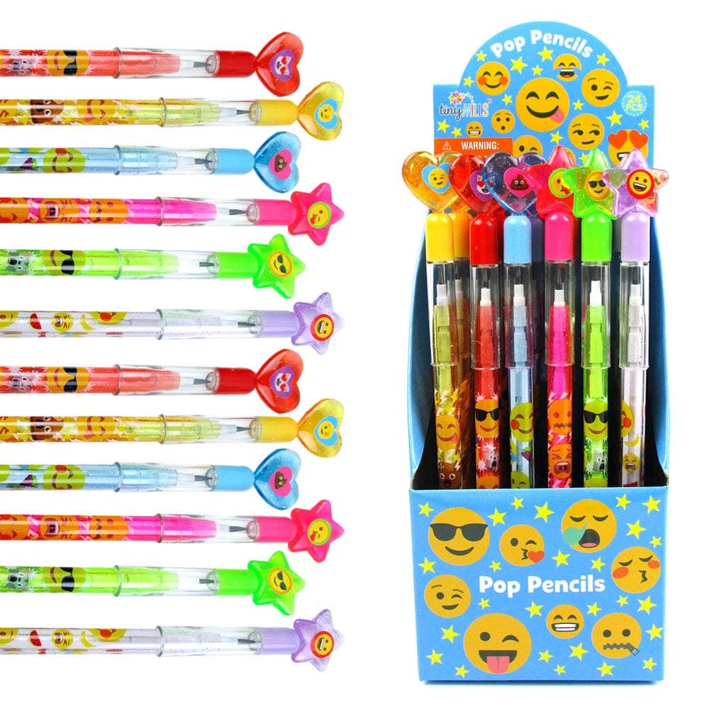TINYMILLS 24 Pcs Emoji Multi Point Stackable Push Pencil Assortment with Eraser for Emoji Birthday Party Favor Prize Carnival Goodie Bag Stuffers Classroom Rewards Pinata Fillers