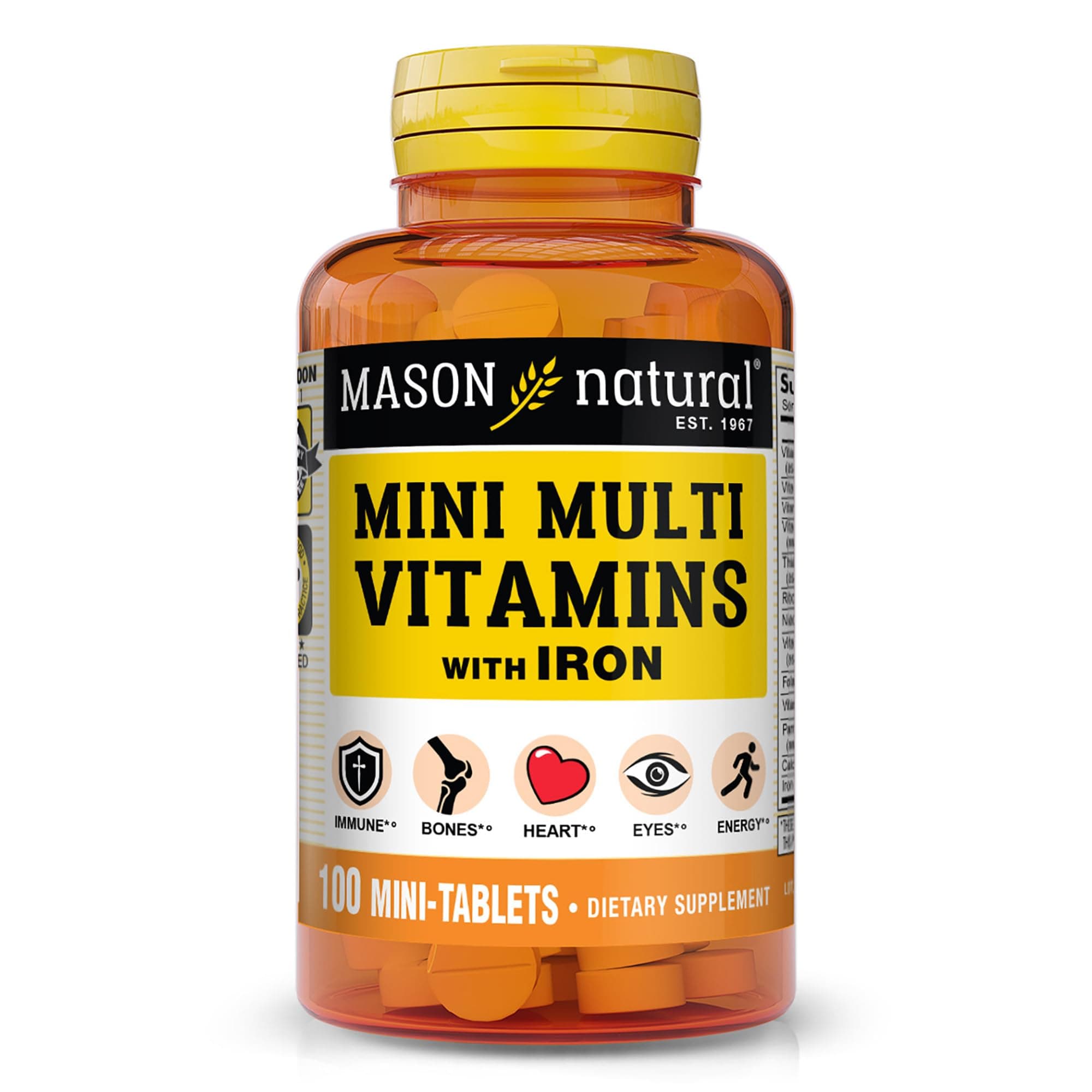 MASON NATURAL Mini Multi Vitamins with Iron, Vitamins A, C, D, E, B1, B2, B3, B6, B12, Folate and Calcium for Overall Health, 100 Tablets