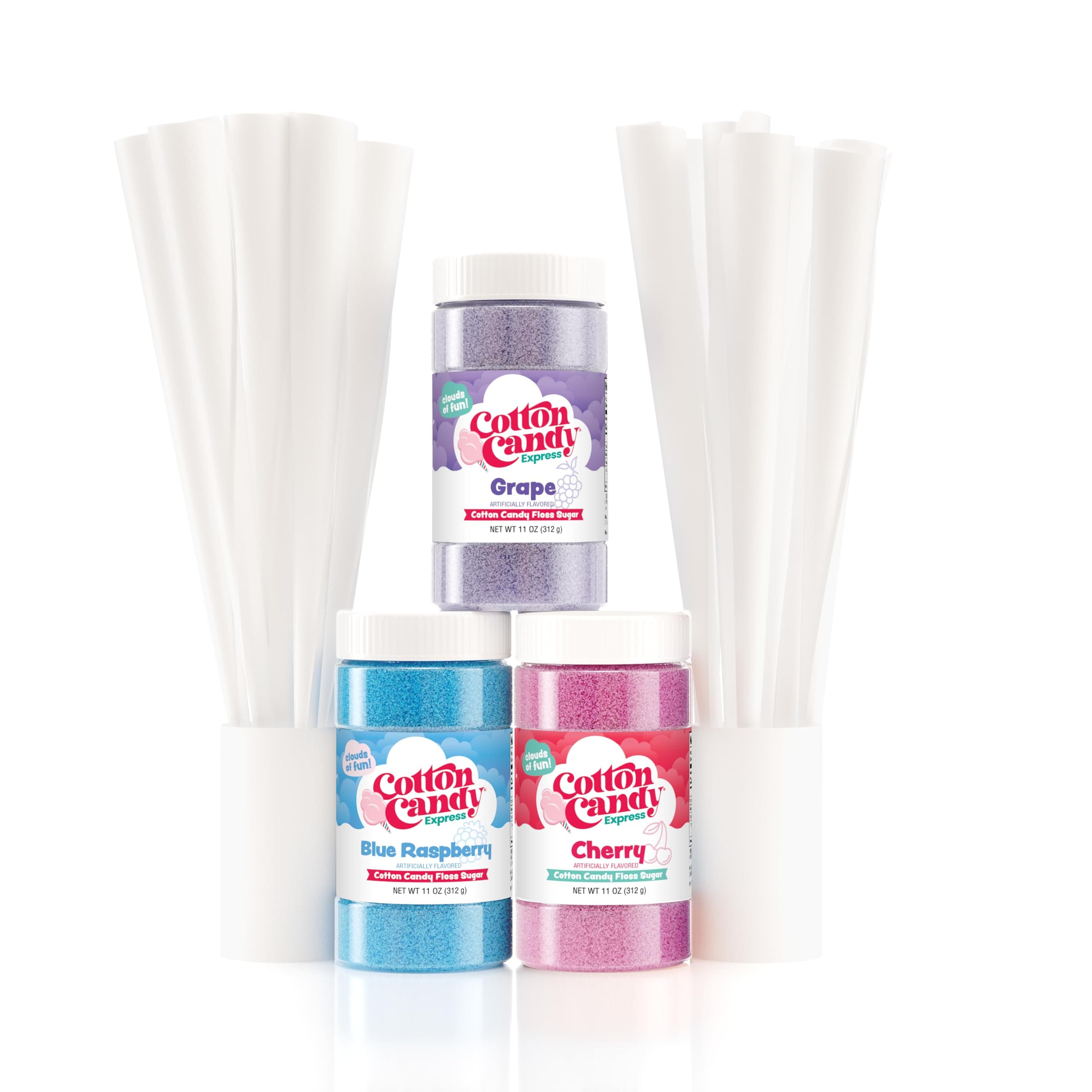 Floss Sugar Variety Pack with 3 - 11oz Plastic Jars of Cherry, Blue Raspberry & Grape Flossing Sugars Plus 50 Paper Cotton Candy Cones