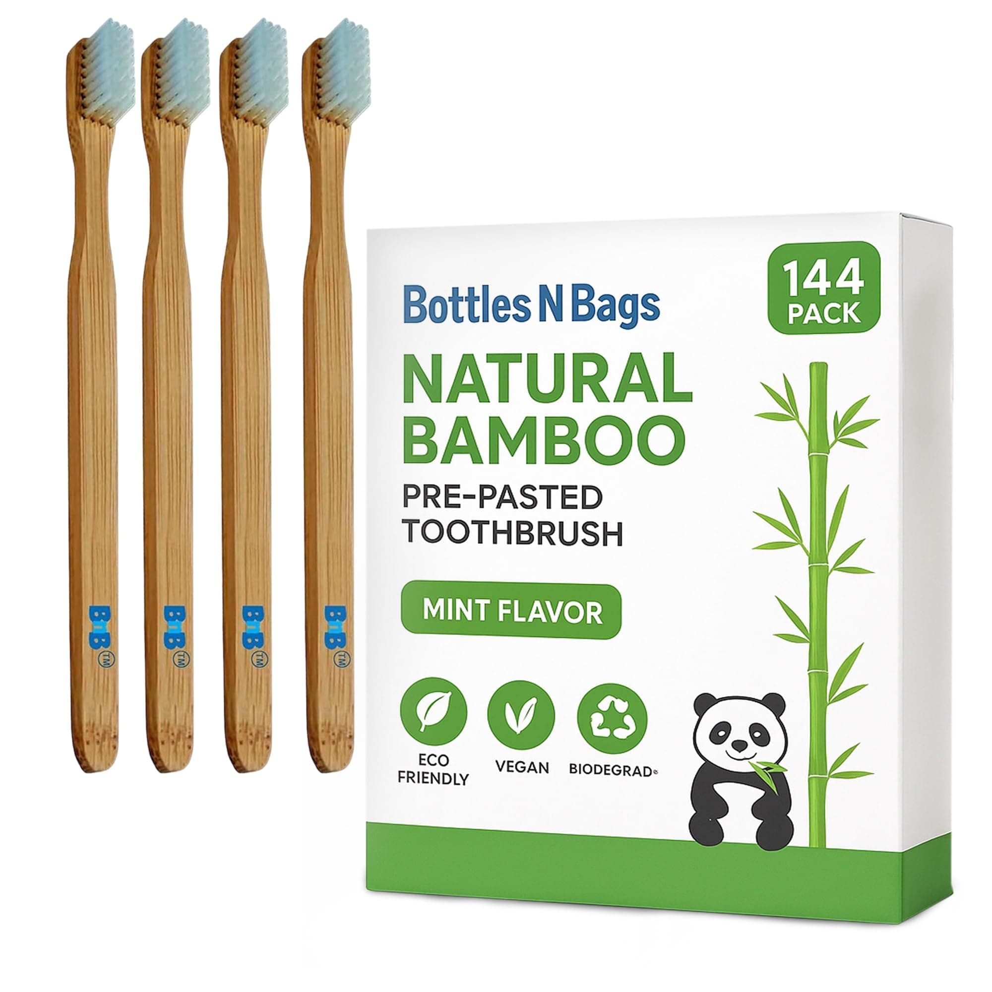 144 Biodegradable Prepasted Bamboo Tooth Brush Individually Wrapped Soft Bristles,Refreshing Mint Flavor Paste (144 Pack)