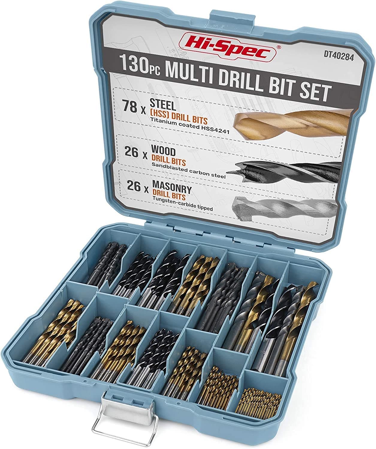 Hi-Spec 130-Piece Mixed Drill Bit Set, 1–10 mm Titanium-Coated HSS, Masonry and Brad Point Bits for Metal, Wood, Plastic, Brick and Concrete