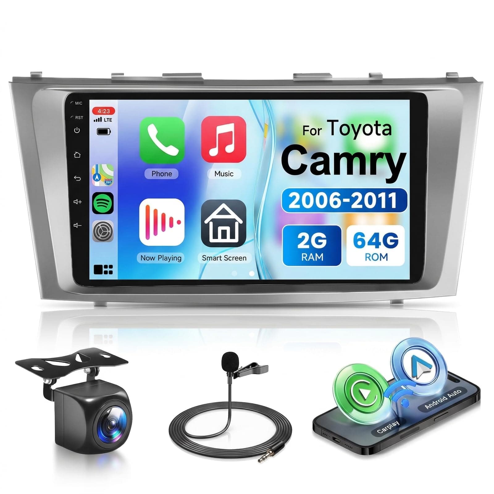 2+32G Android Car Stereo with Apple Carplay for Toyota Camry 2006-2011 Android Auto in-Dash Car GPS Navigation 9'' HD Touchscreen, Bluetooth, FM Radio, WiFi, SWC, Dual USB, Rear View Camera