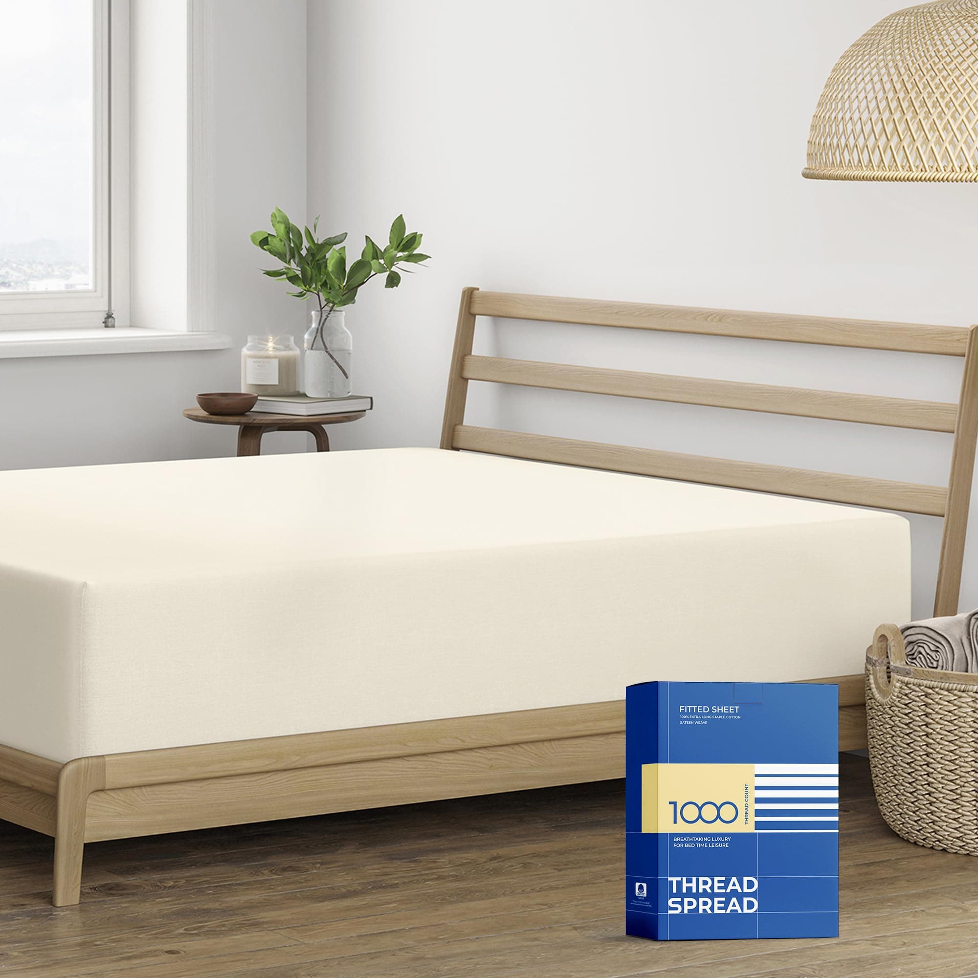 THREAD SPREAD Egyptian Cotton Sateen Weave 1000 Count Fitted Sheet Only Elastic All Around - Fits Mattress Upto 18 in (1 Fitted Sheet - Queen 15 in Deep, Ivory)