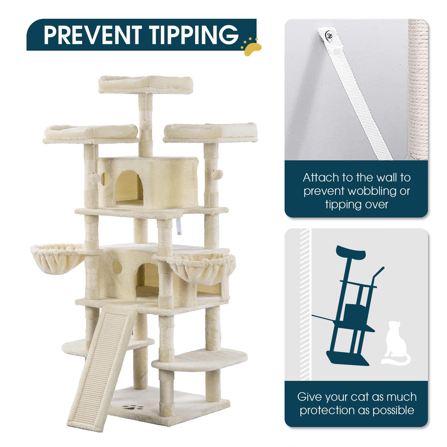 WEEWAY 68 Inches Multi-Level Large Cat Tree for Feline/Big Tower/Condo/Cozy Plush Kitty Perches/Fluffy Balls/Sisal Scratching Posts and Hammocks/Cave/Furniture Activity Center/Beige