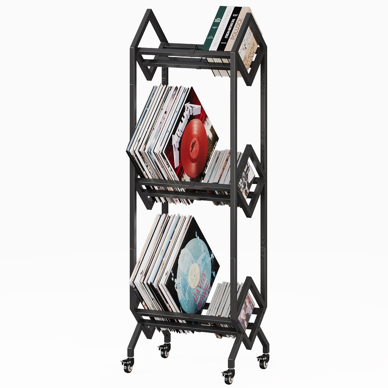 Simoretus 3 Tier Vinyl Record Storage Rack, Mobile Black Metal LP Storage Display Stand with Casters, Large Capacity Record Holder for Albums, Books, Magazines, and Office Files