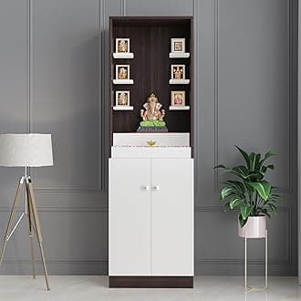 FURNEASER Adya Wooden Pooja Mandir for Home with Storage | Engineered Wood Temple Stand with Shelf & Cabinet | Compact Floor-Standing Prayer Unit for Living Room � Wenge White Finish, 161x50x32 cm