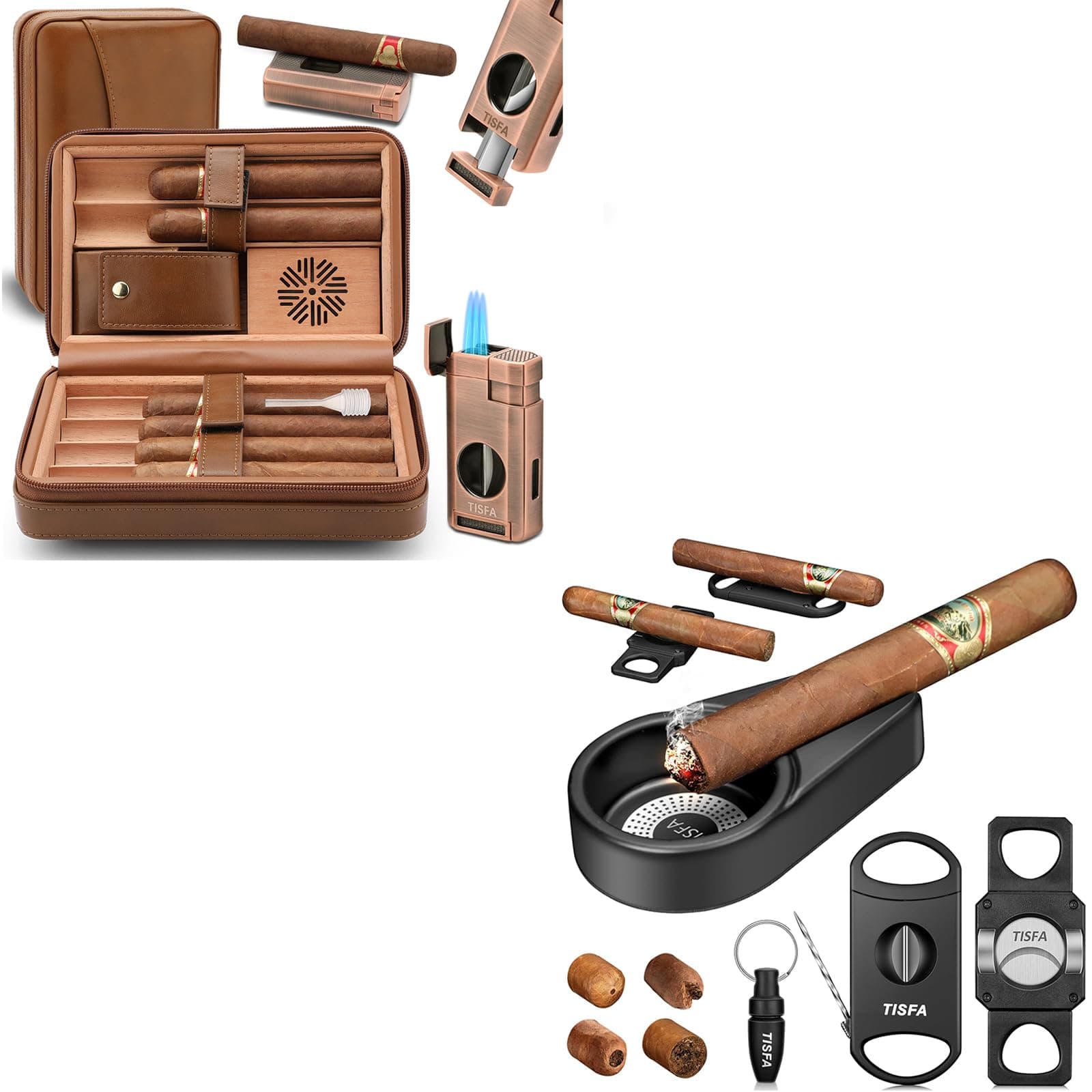 Leather Cigar Humidor Case and Cigar Ashtray Set