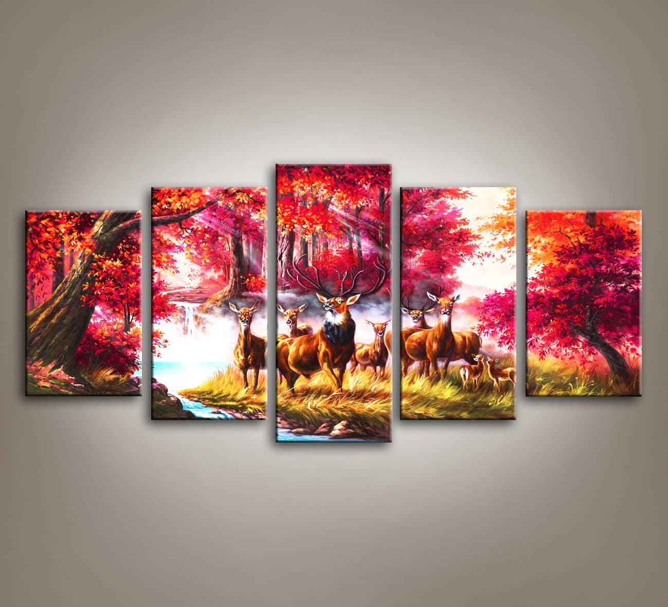 Canvas Wall Art- Multi Pieces Canvas Prints "Deer in Autumn Season" Modern Canvas Art Landscape in Oil Paintings Artwork Style for Autumn Wall Decorations-Nuolan Art