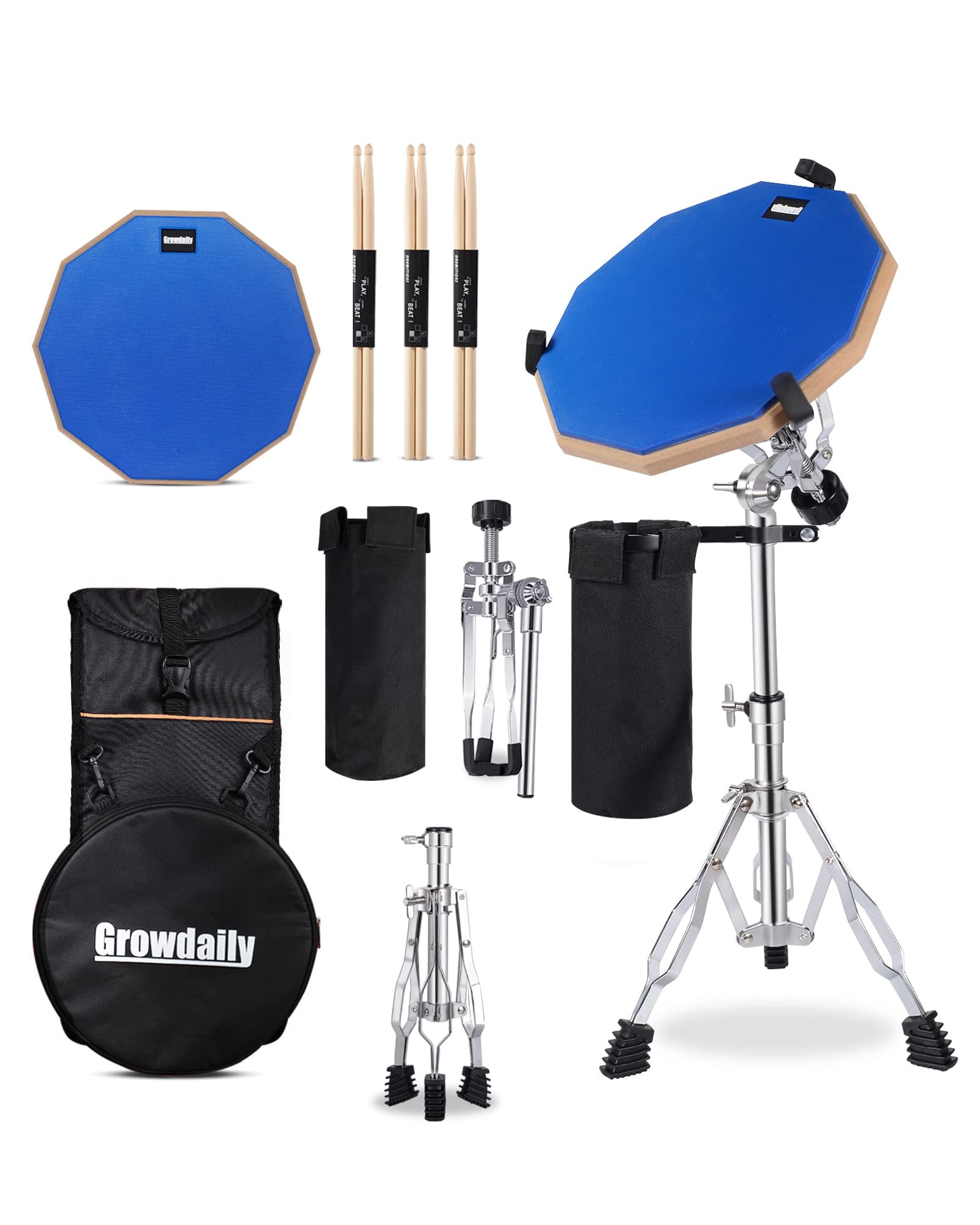 GrowDaily Drum Practice Pad Snare Drum Stand Set 12 In With Blue Double Sided Silent Drum Pad,Drum Dampeners Gel, Drum sticks,Carrying Bag Adjustable Stand(Fits 10''-14'' Drums) (Blue)