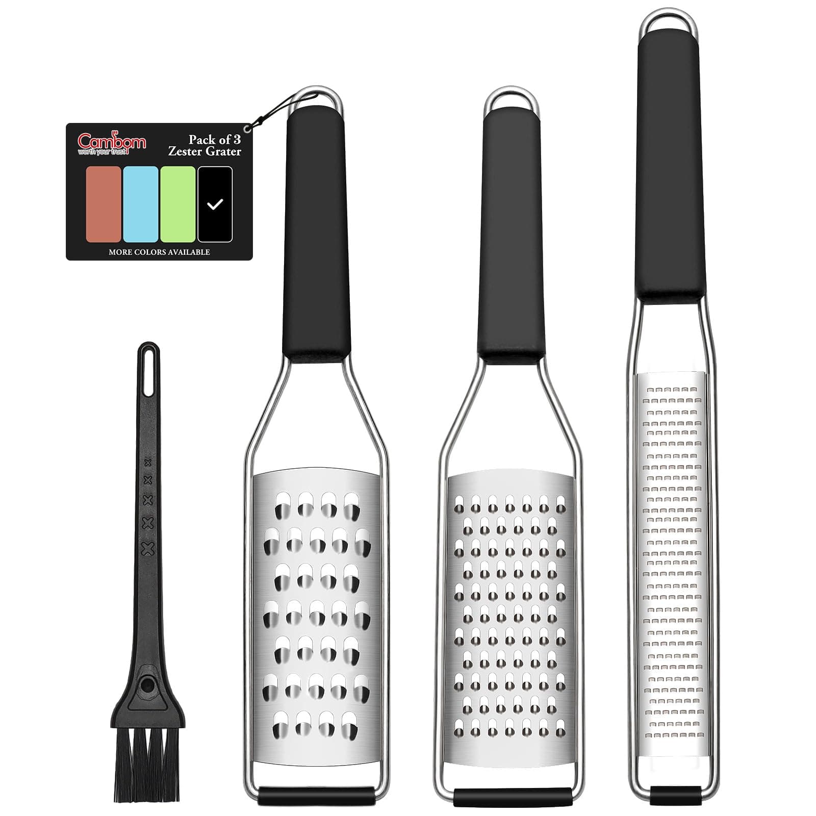 Cambom Lemon Zester Grater Three-piece Suit - Heavy Duty Kitchen Tool for Parmesan Cheese, Ginger, Garlic, Nutmeg, Chocolate, Vegetables，Fruits，Stainless Steel Grater Dishwasher Safe Black