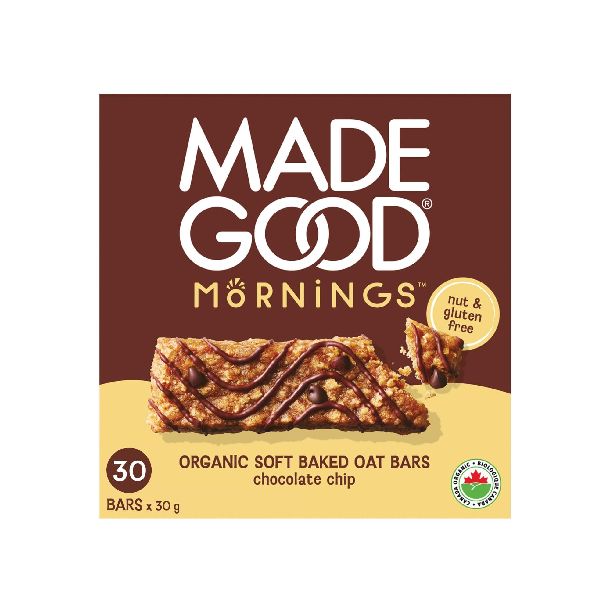 MadeGood Mornings Soft Baked Breakfast Bars, Chocolate Chip, 1.06 Oz (30 Count) Gluten Free Snacks