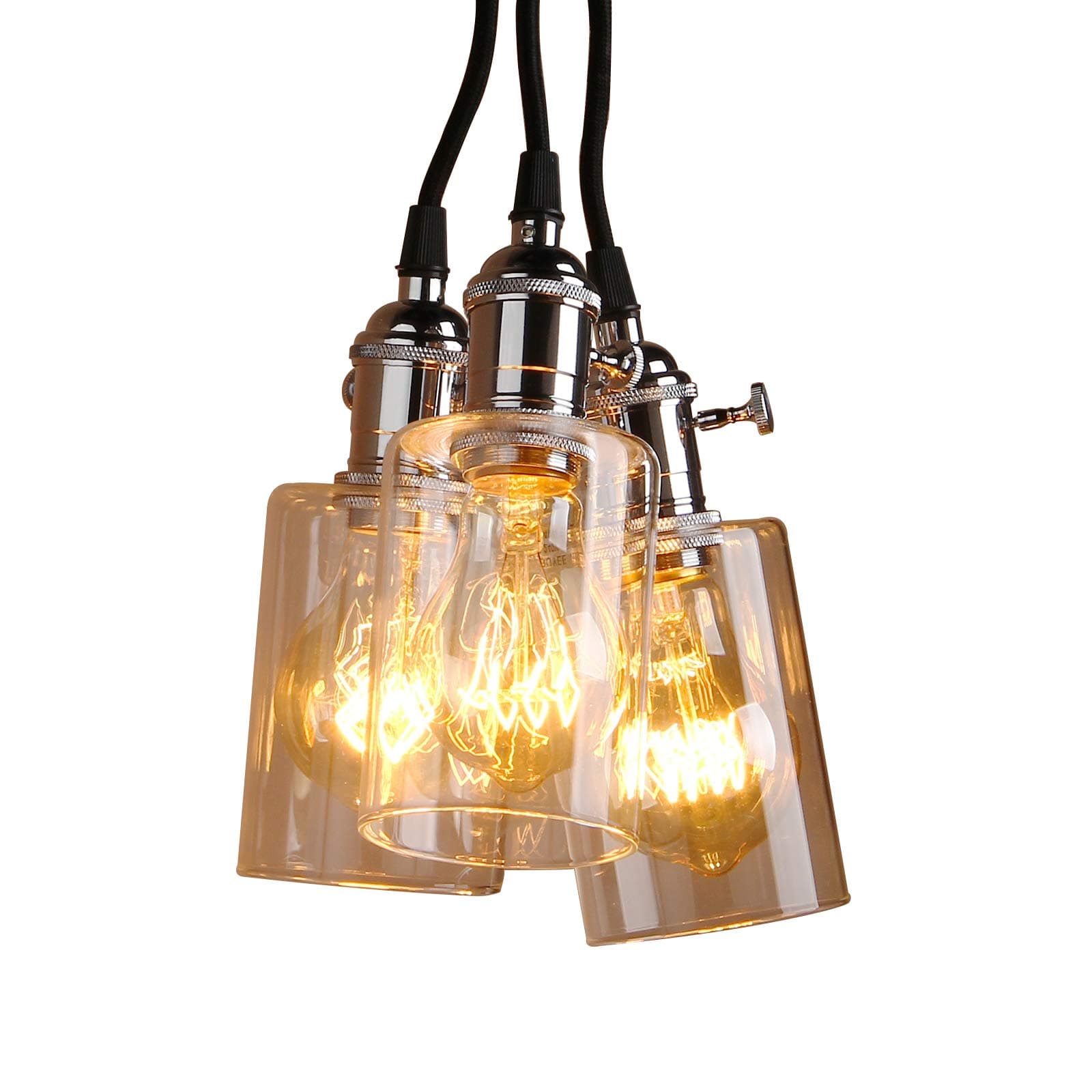 Pathson Industrial Vintage Loft Bar Edison Ceiling Pendant Lights Fitting,Glass Lampshade 3 Lights Hanging Light Fixture, Multi-Light Chandelier for Island Living Room Dinning Room