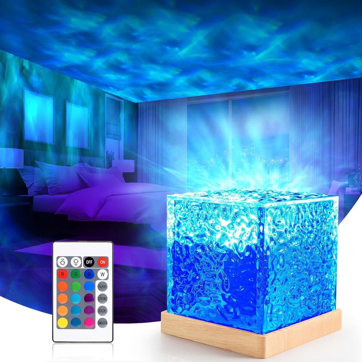 Ocean Wave Water Lamp, Projector 3D Water Wave Effect Romantic LED Light Projector Projection Lamps Crystal Table Lamp for Bedroom Decor USB Powered (Pack of 1)