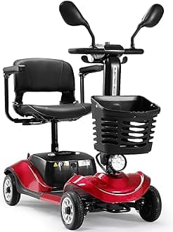 4 Wheel Compact Heavy Mobility with Lights, Battery Powered Electric Mobility Scooter, Electric Transportation Wheelchair, Basket, Extended Battery (Red, 4 Wheel - Compact and Exquisite)