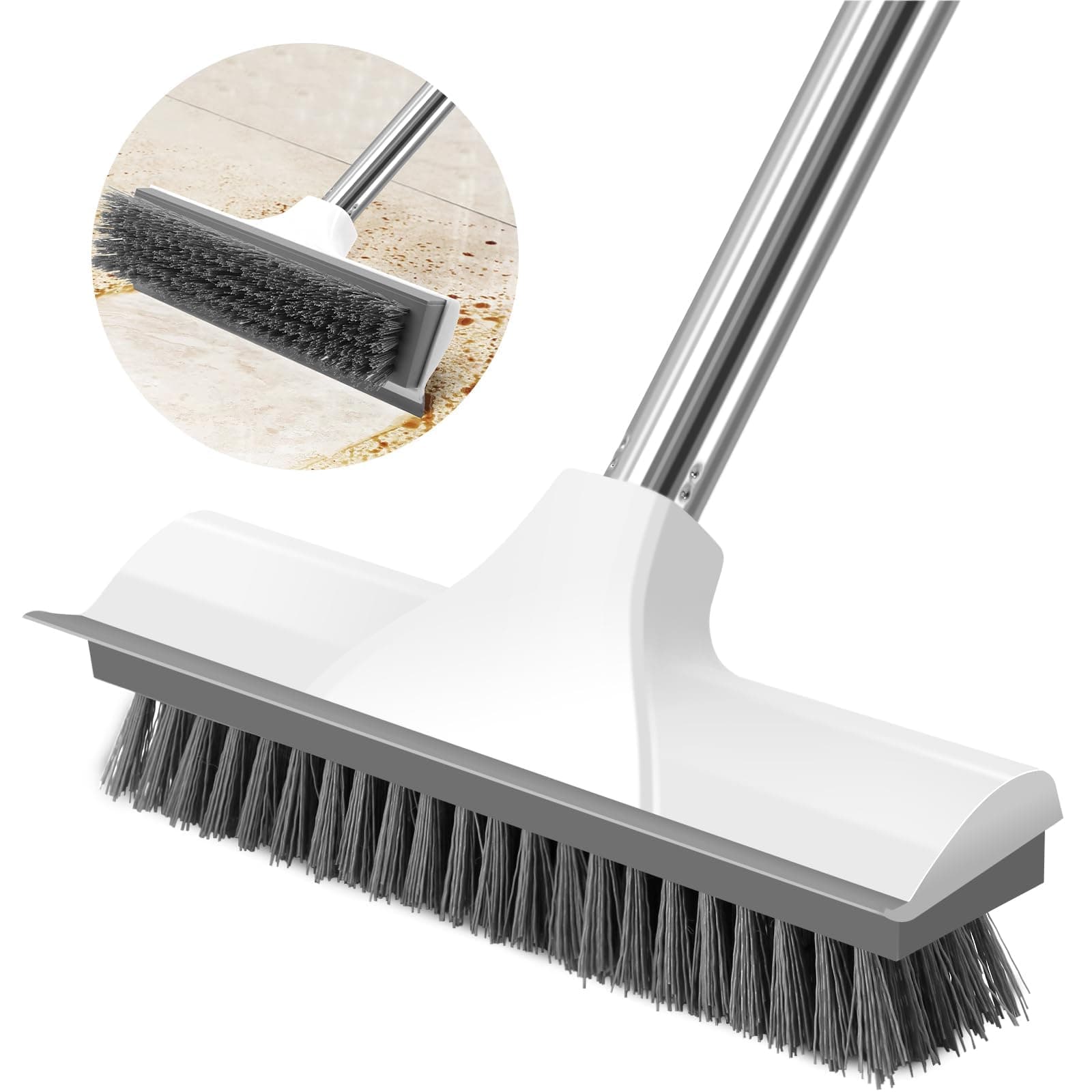 Long Handle Floor Scrubbing Brush with Squeegee, 2 in 1 Long Handle Floor Scrubbing Brush with Stiff Brush Bristles Can be hung for Cleaning Bathroom, Kitchen, Deck, Garage, Patio