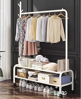 Lukzer | MGR-008 | White | Metal Garment Rack with Wheels & 2 Bottom Shelves – Freestanding Clothes Stand & Storage Organizer for Bedroom, Living Room, Shop Display & More | 173 x 110 x 34 cm