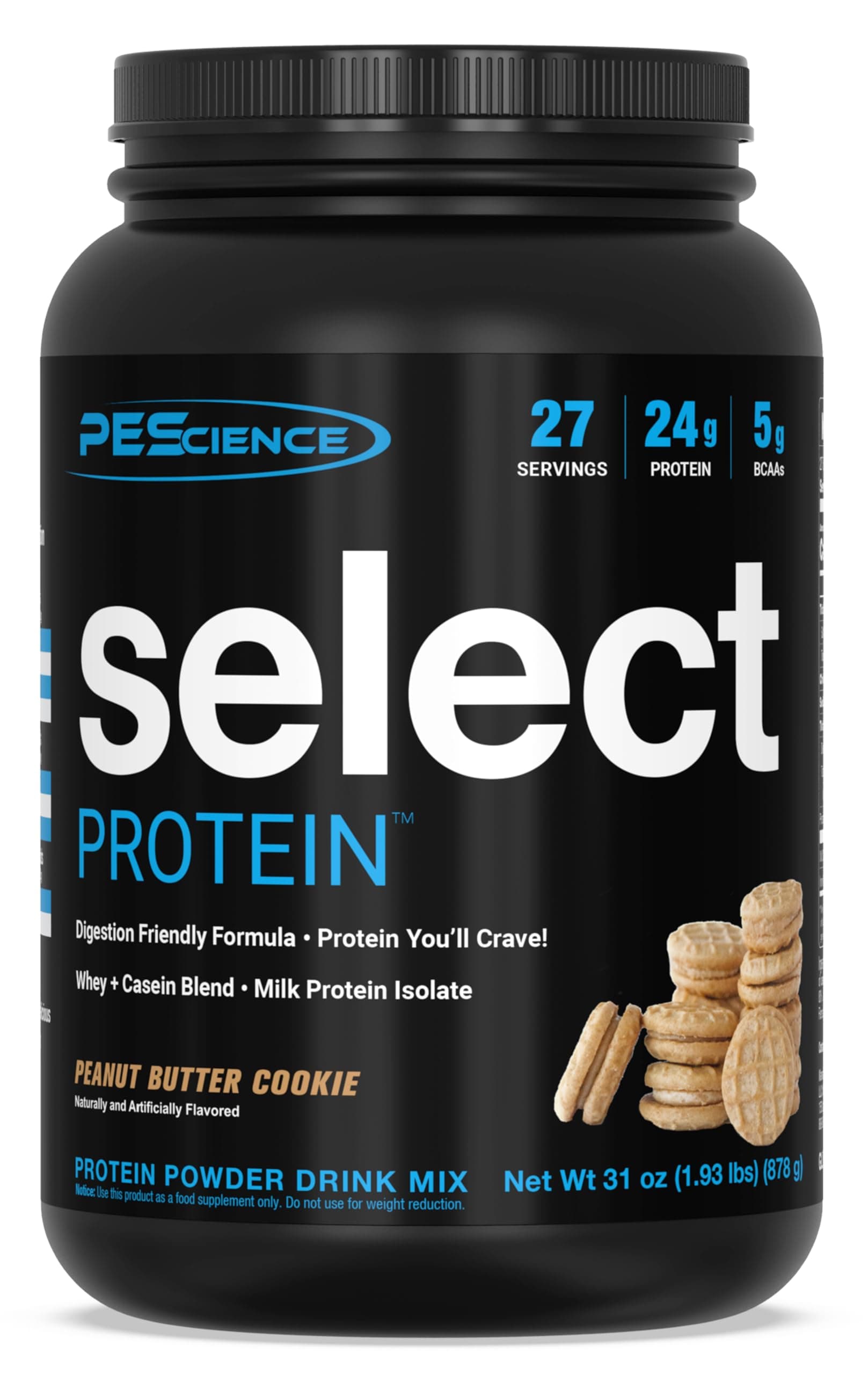 PEScience Select Protein Powder, Whey and Casein Blend, Lean Protein Powder for Women and Men, Low Calorie, Low Carb, Keto Friendly, Gluten Free, Peanut Butter Cookie - 27 Servings
