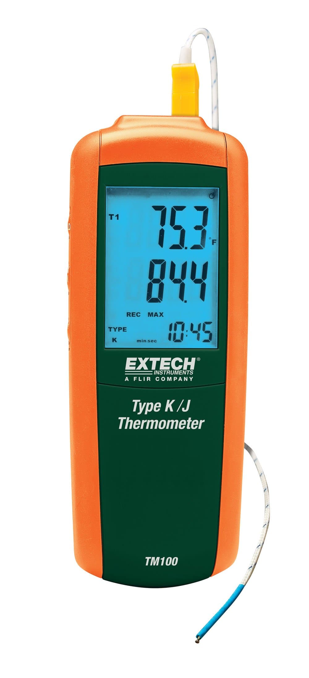 Extech TM100 Type K/J Digital Thermometer - Wide Range -328 °F to 2501 °F, Backlit LCD, Min/Max/Avg, Data Hold & Offset, Auto Power-Off, Bead Wire Probe Included