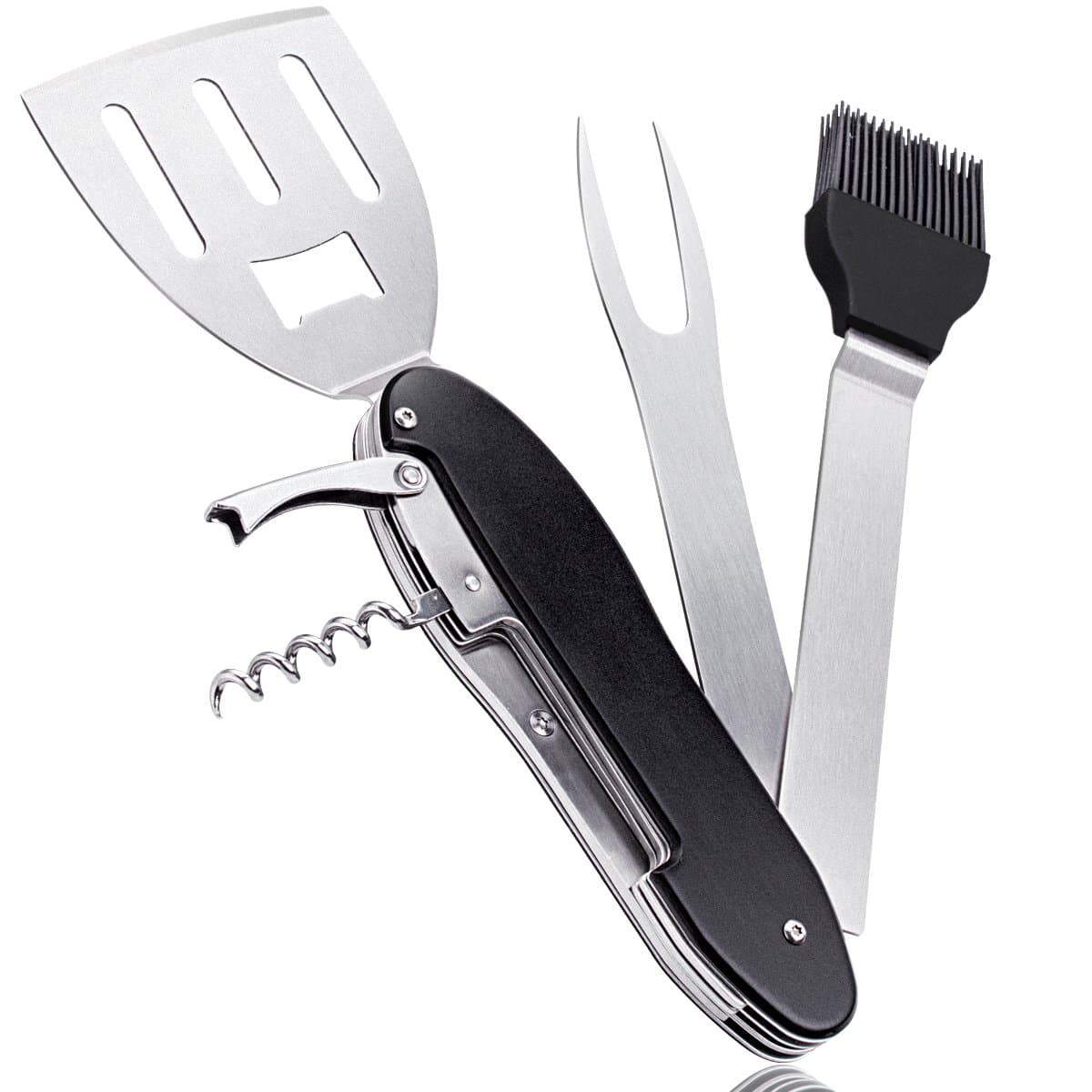 BBQ Grilling Multi Tool 5-in-1, BEST88 Barbecue Accessories Portable Folding BBQ Tool and Detachable Grill Tool Set with Bag Barbecue Spatula Fork Silicone Barbecue Brush Corkscrew Wine Lever Opener
