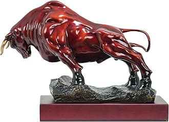 Bronze Bull Sculpture - Pure Copper Charging Bull/Cow/Ox Figure and Statue Handmand Collectable Art Decor - Raging Bull Figurine for Office& Home Decorations and Gift (L:12.6in Red)