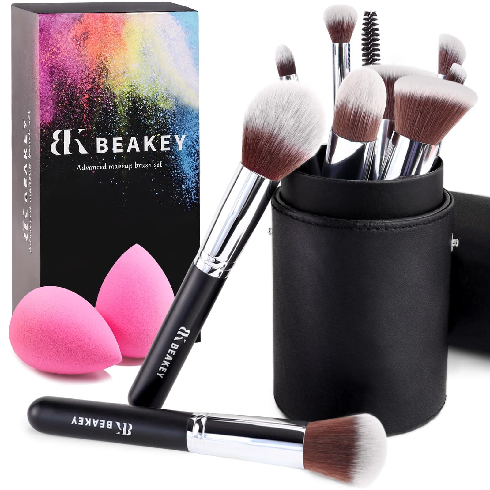 BEAKEY Makeup Brushes, Foundation Brushes, Blending Face Powder Blush Eyeshadow Brushes, Gift for Ladies and Girls, Brush Sets with Two Sponges (10+2pcs, with Black Brush Case)