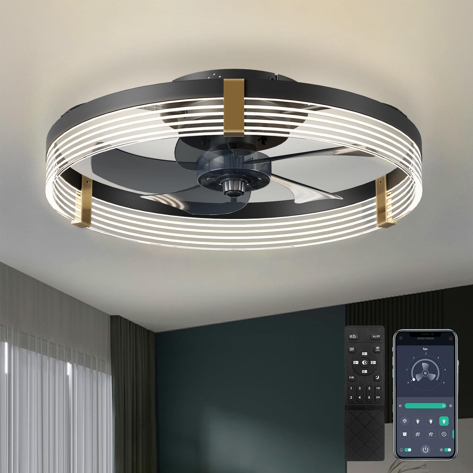 19.7" Low Profile Ceiling Fan with Lights and Remote, Modern Flush Mount LED Stepless Dimmable, Reversible Blades,6 Speeds Timing for Bedroom, Indoor Use - Black