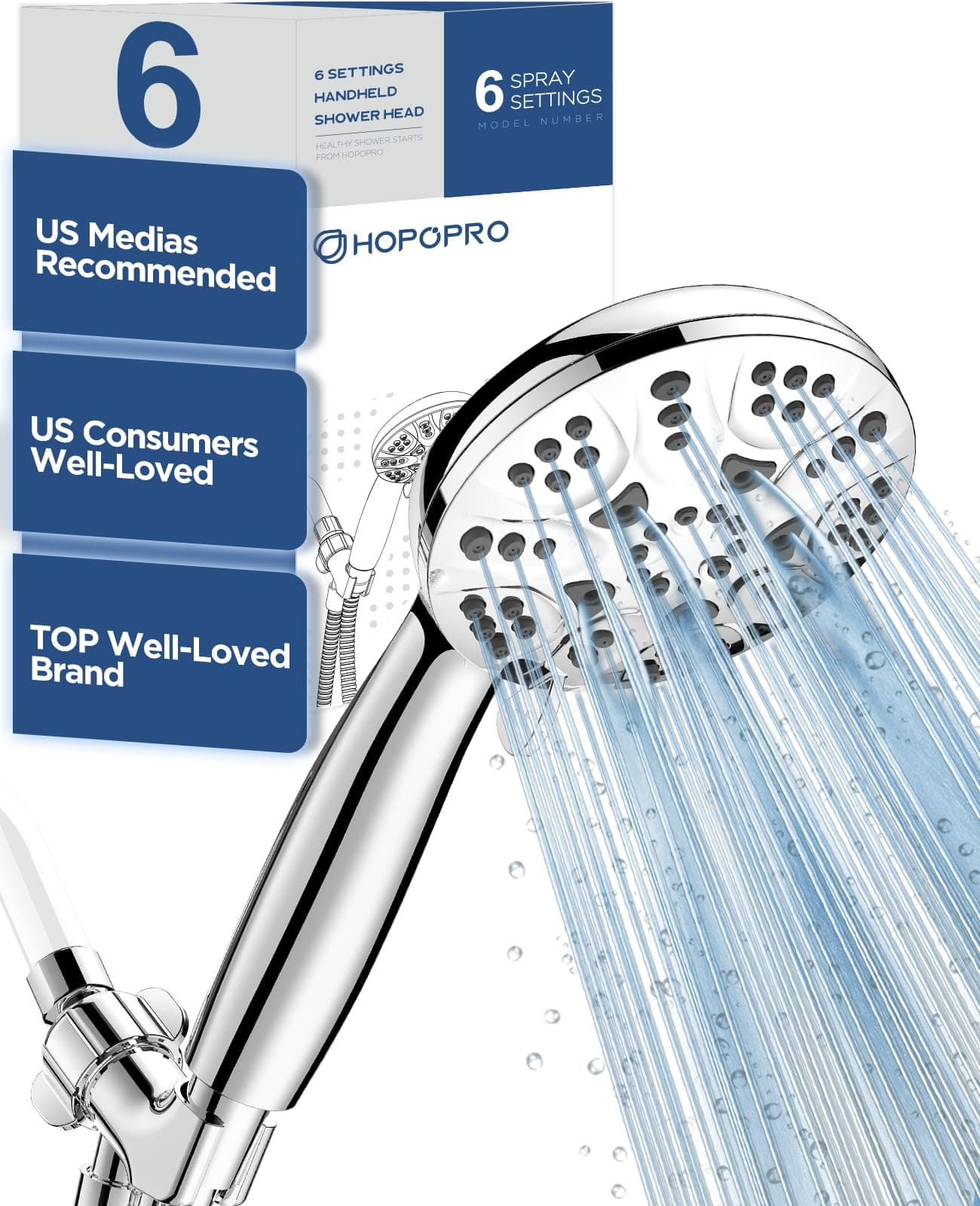 6-Mode High Pressure Handheld Shower Head Set, Consumer Reports Recommended HOPOPRO High Flow Hand Held Showerhead with 59 Inch Hose Bracket Teflon Tape Rubber Washers