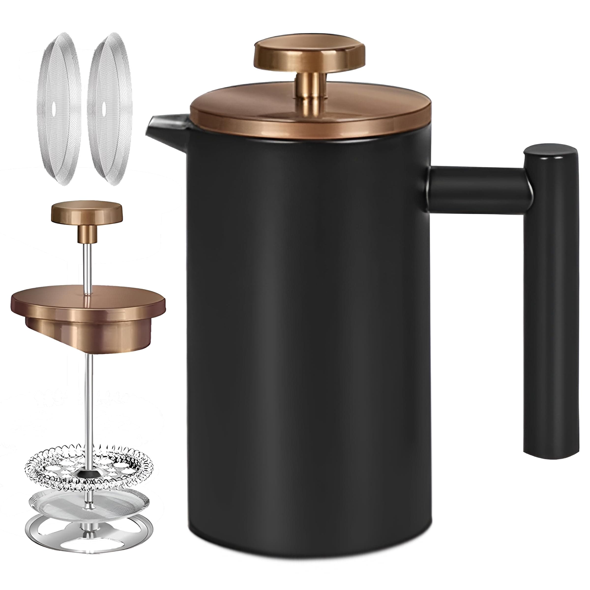 Miuly 12oz French Press for One Person, Small Coffee Press 350ml with 2 Filter Mesh, Double Wall Insulated French Press for Travel, Black