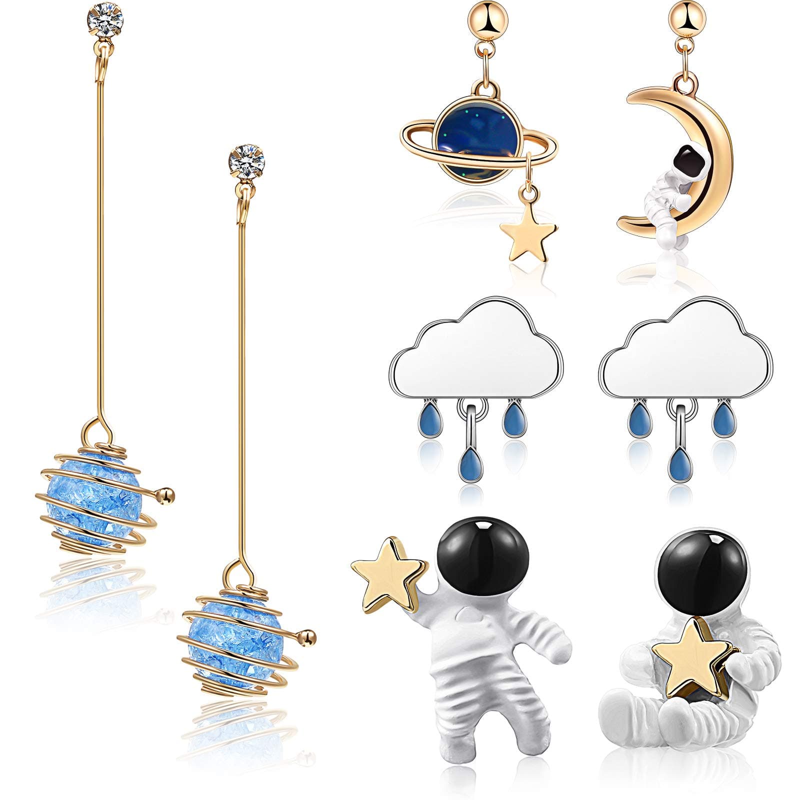 4 Pairs Space Earrings for Women Astronaut Stud Planet Star Moon Dangle Earrings Cute Cool Jewelry for Girls