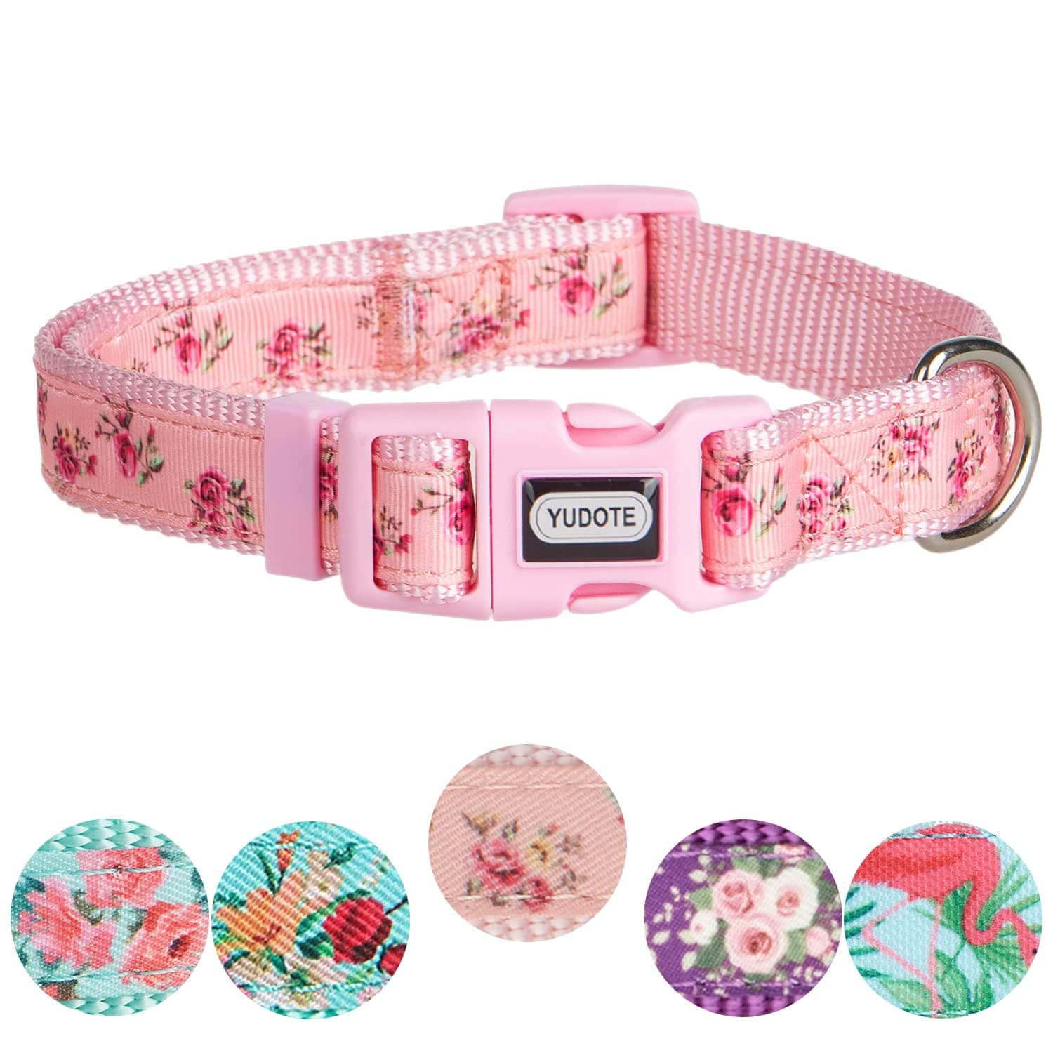 YUDOTE Adjustable Pink Nylon Dog Collar Medium with Floral Patterned Ribbon for Active Female Dogs Neck 31-49cm