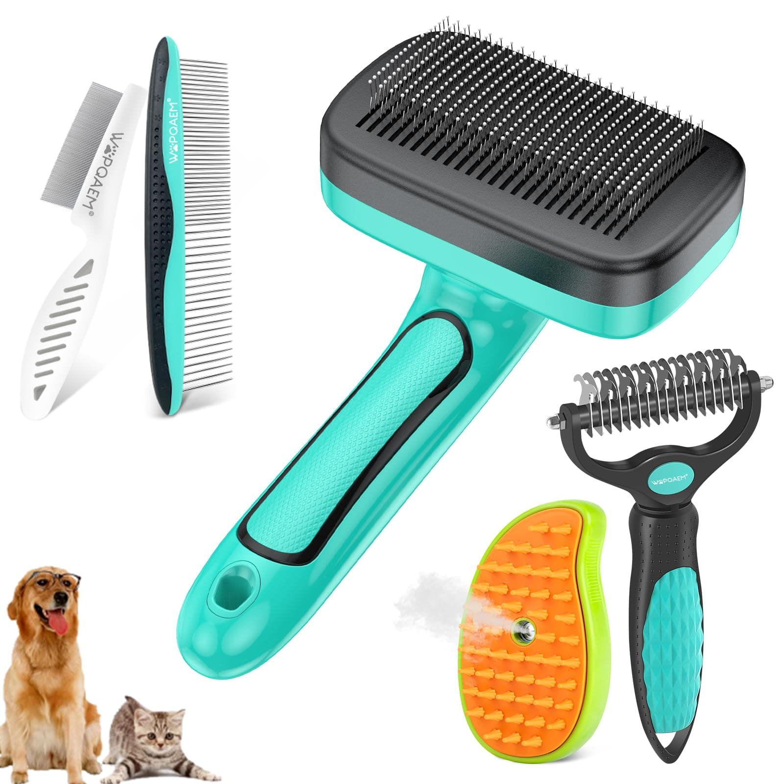 5 PCS Self Cleaning Slicker Brush & Undercoat Rake & Bath Brush & Flea Comb & Pet Comb & Steam Brush for Dogs and Cats,Professional Deshedding Dematting Tool for Long and Short Haired Pets