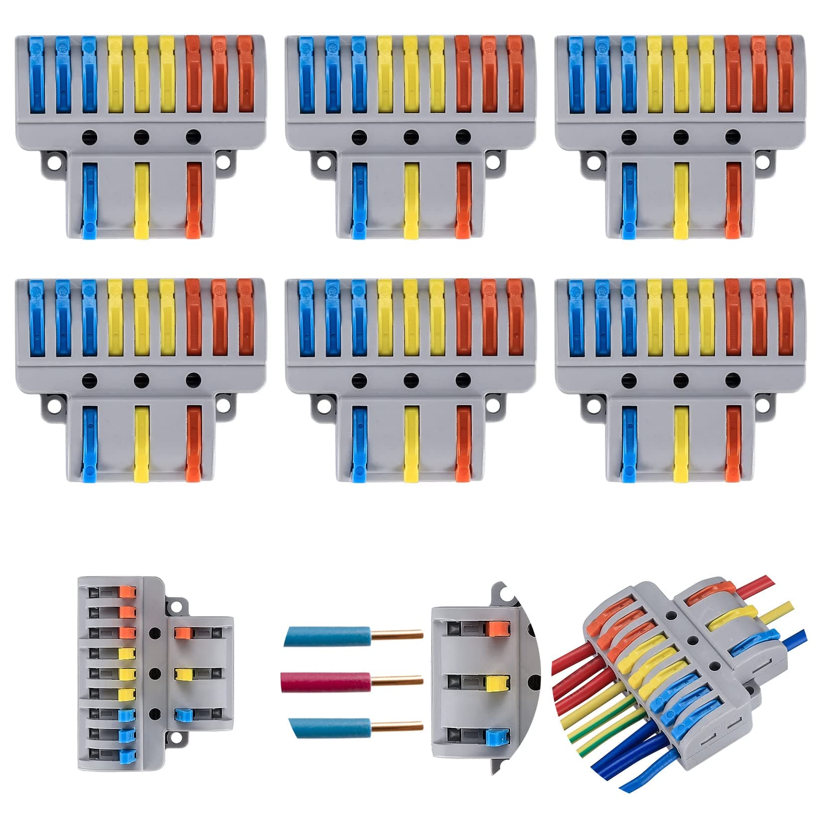 6 PCS Compact Wire Connectors, Lever Nut Electrical Wire Connectors, Compact Splicing Connectors, 3 in 9 Out Electrical Conductor Connectors Blocks with 20 Screws (five-hole)