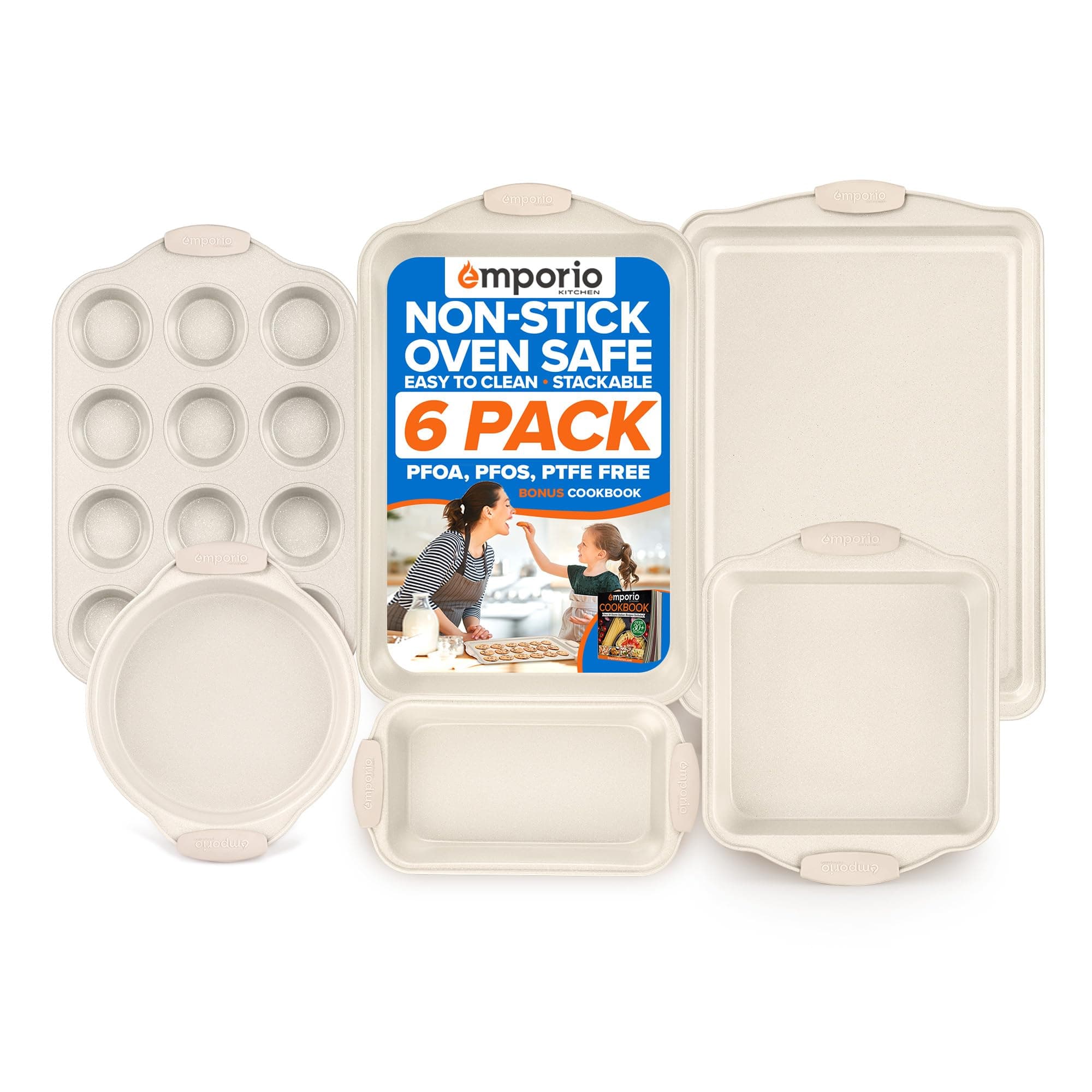 Baking Pan Set - Nonstick Coating, Carbon Steel Bakeware Set with White Silicone Handle, PFOA, PFOS, PTFE Free, Recipe Booklet Included, Oven Safe Tray (Up To 450° F), Set of 6 - White