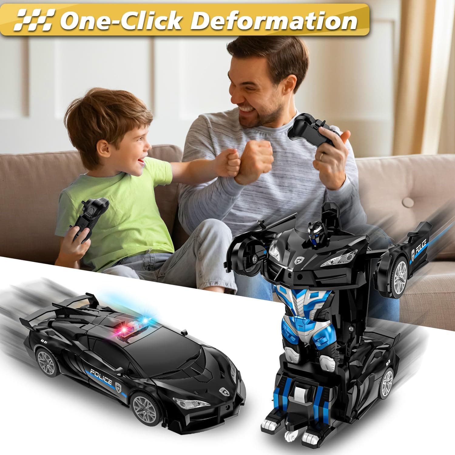 Remote Control Car, Transform Robot RC Cars, 2.4Ghz Transforming Police Car Toy with LED Light, One-Button Deformation and 360° Rotating Drifting, Toys for Boys Age 4-7 8-12