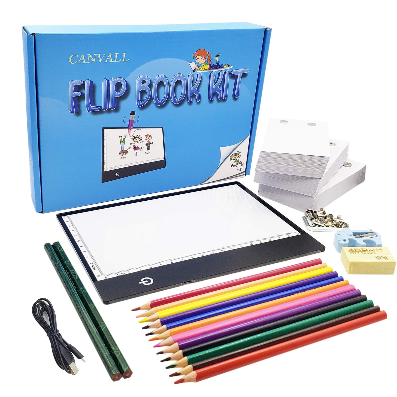 Flipbook Set for Drawing and Tracing Animation, Include: A5 LED Light Box, 540 Pages Animated Loose-Leaf Paper, 2 HB +12 Colored Drawing Pencils, Pencil Sharpener, Eraser and Screwdriver