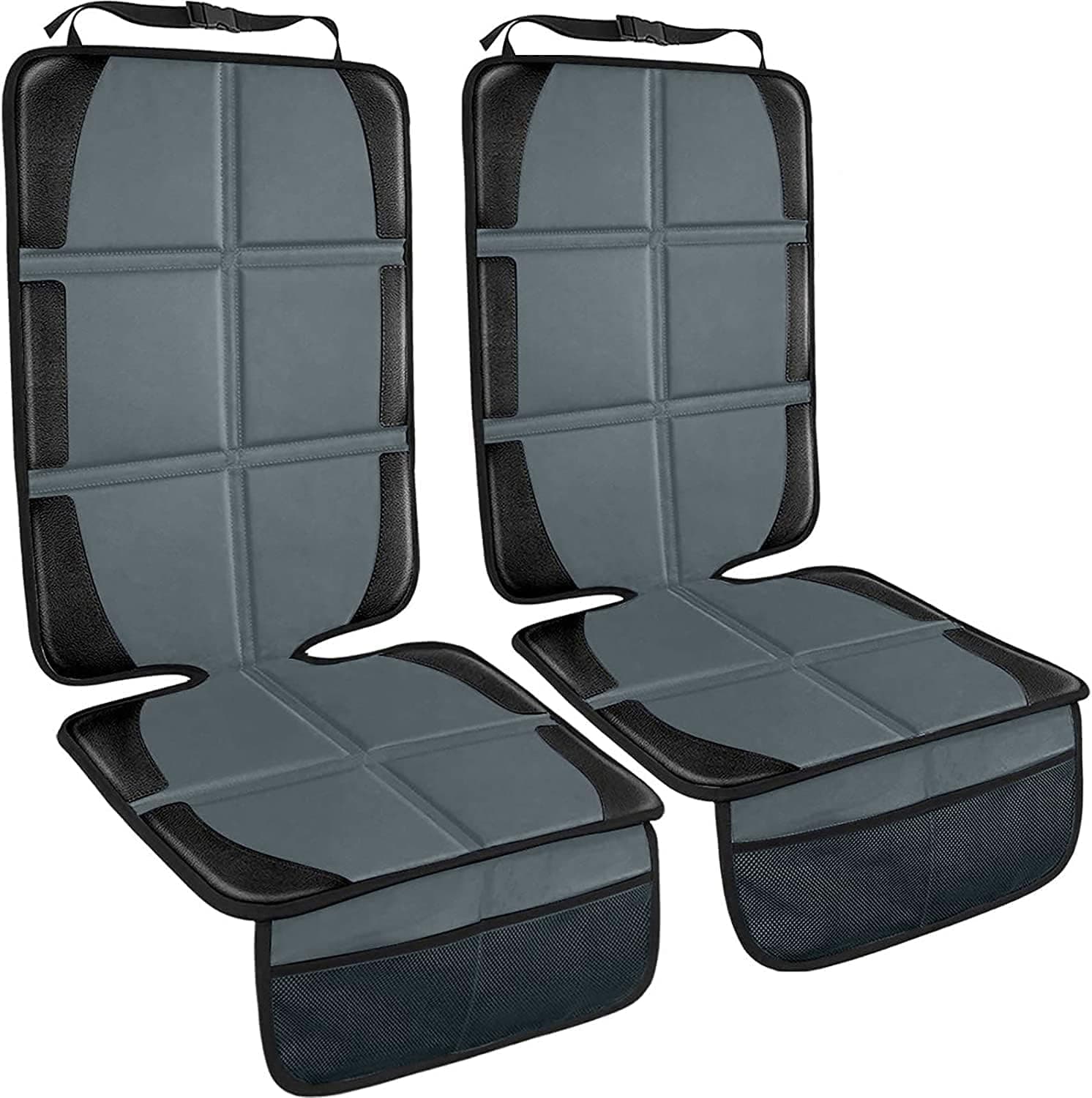 Seat Protector, 2 Pack Child Car Seat Protector for Vehicle Leather Car Seat, Large Automotive Baby Car seat Mat Pad with Large Pockets for Handy Storage, Durable Waterproof 600D Fabric, Gray